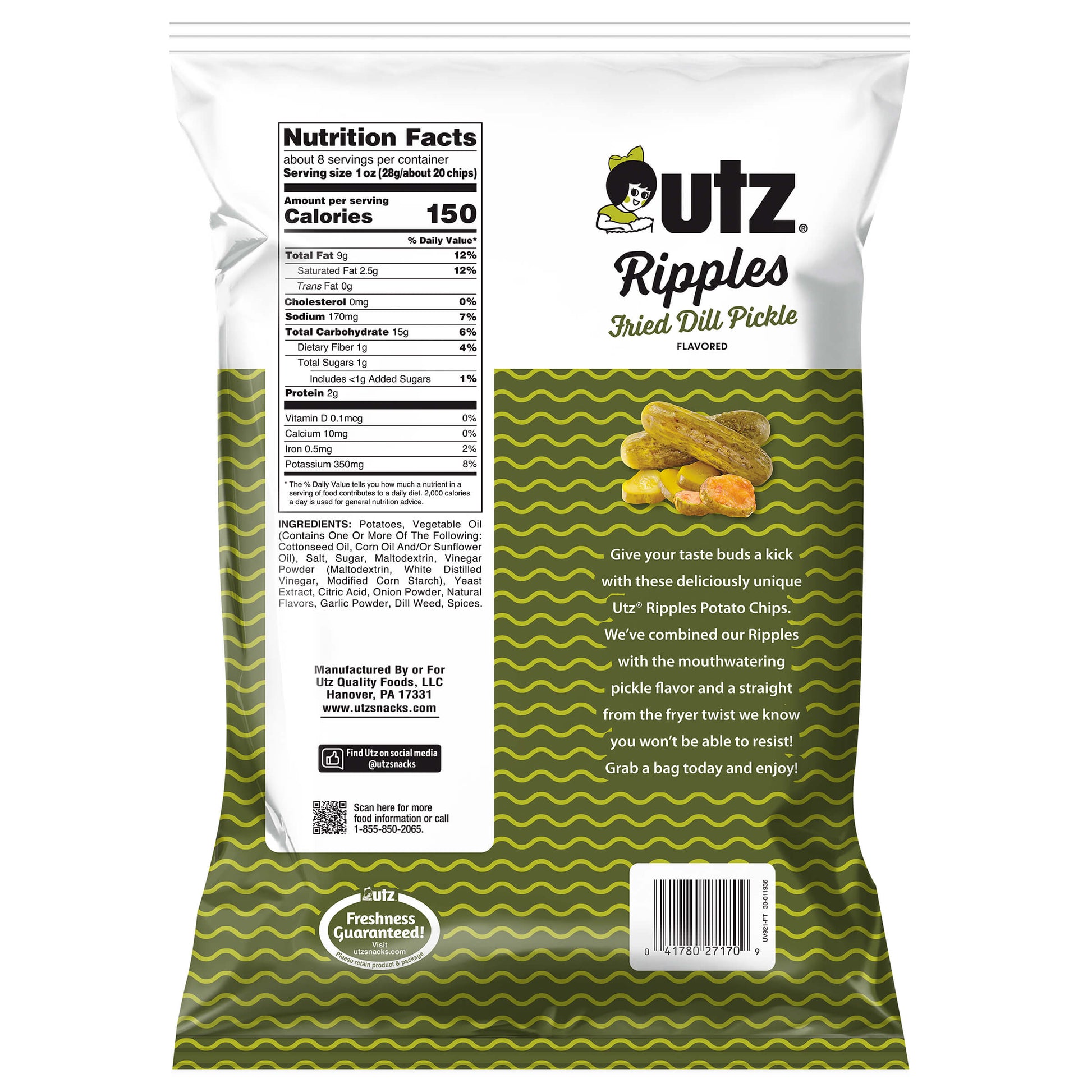 UTZ Ripples Fried Dill Pickle flavored chips packaging with nutrition facts and ingredients list.