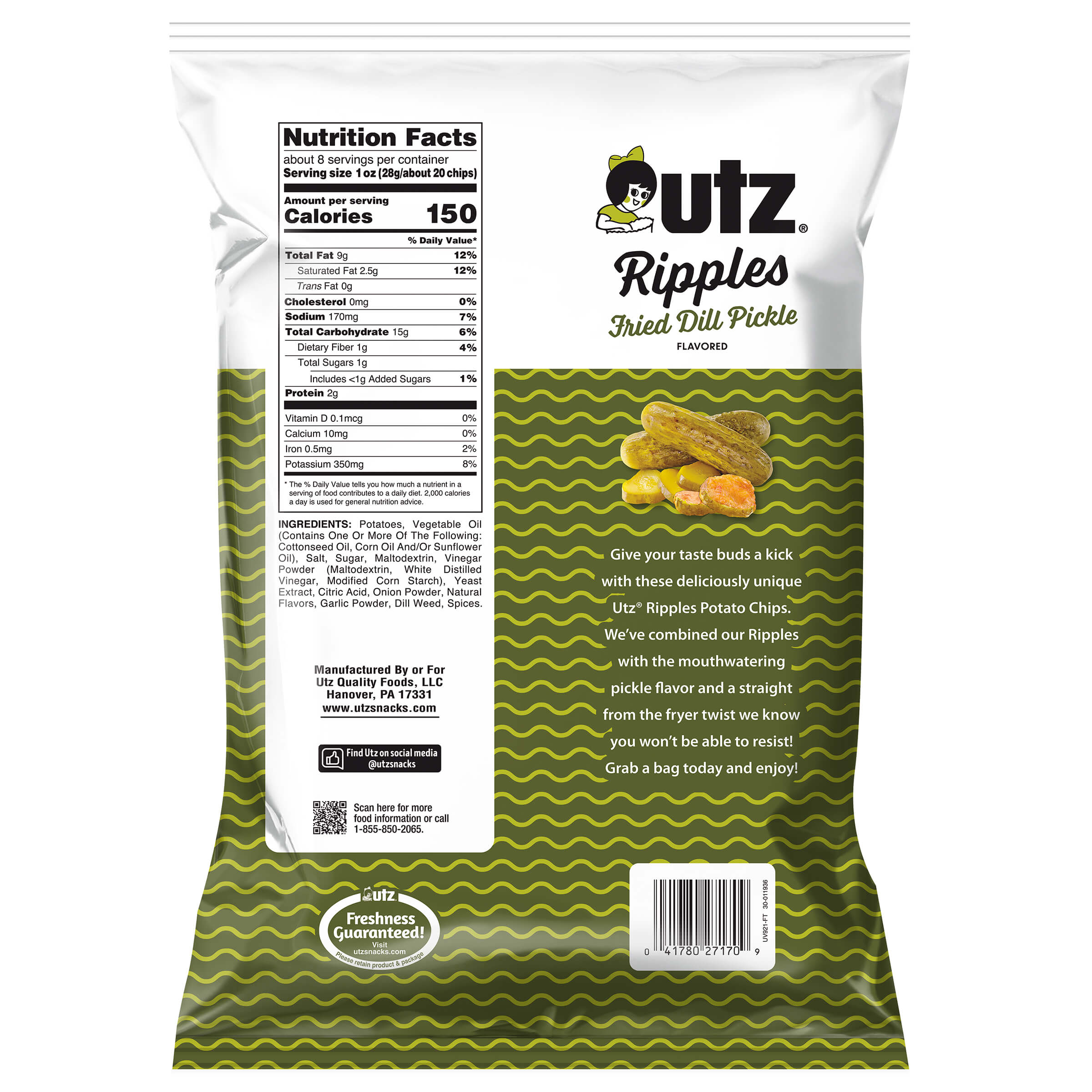 UTZ Ripples Fried Dill Pickle flavored chips packaging with nutrition facts and ingredients list.