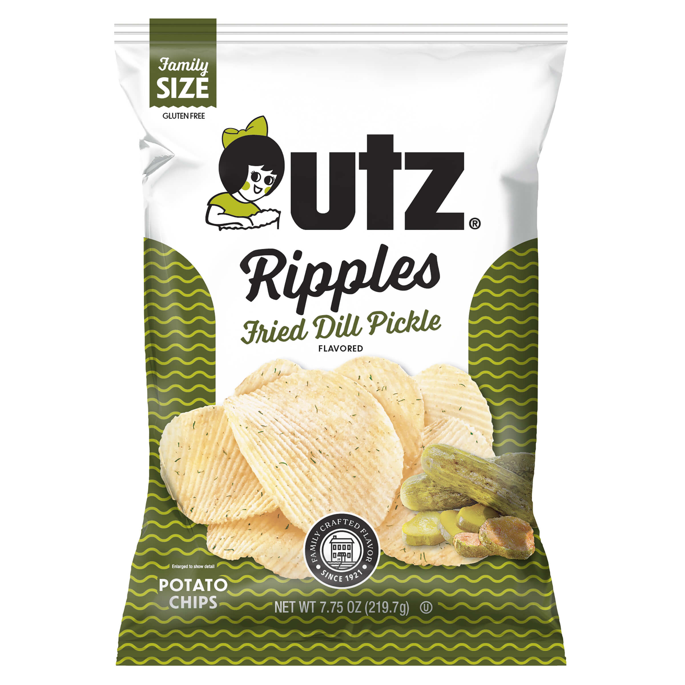 UTZ Ripples Fried Dill Pickle flavored potato chips packaging on a white background