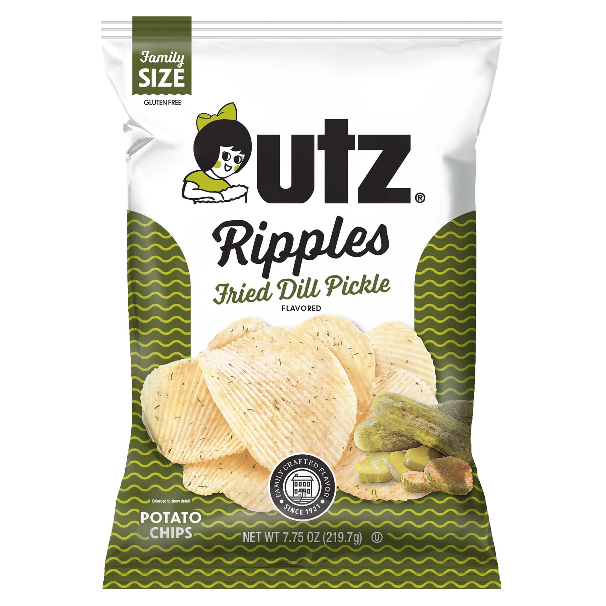 UTZ Ripples Fried Dill Pickle flavored potato chips packaging on a white background