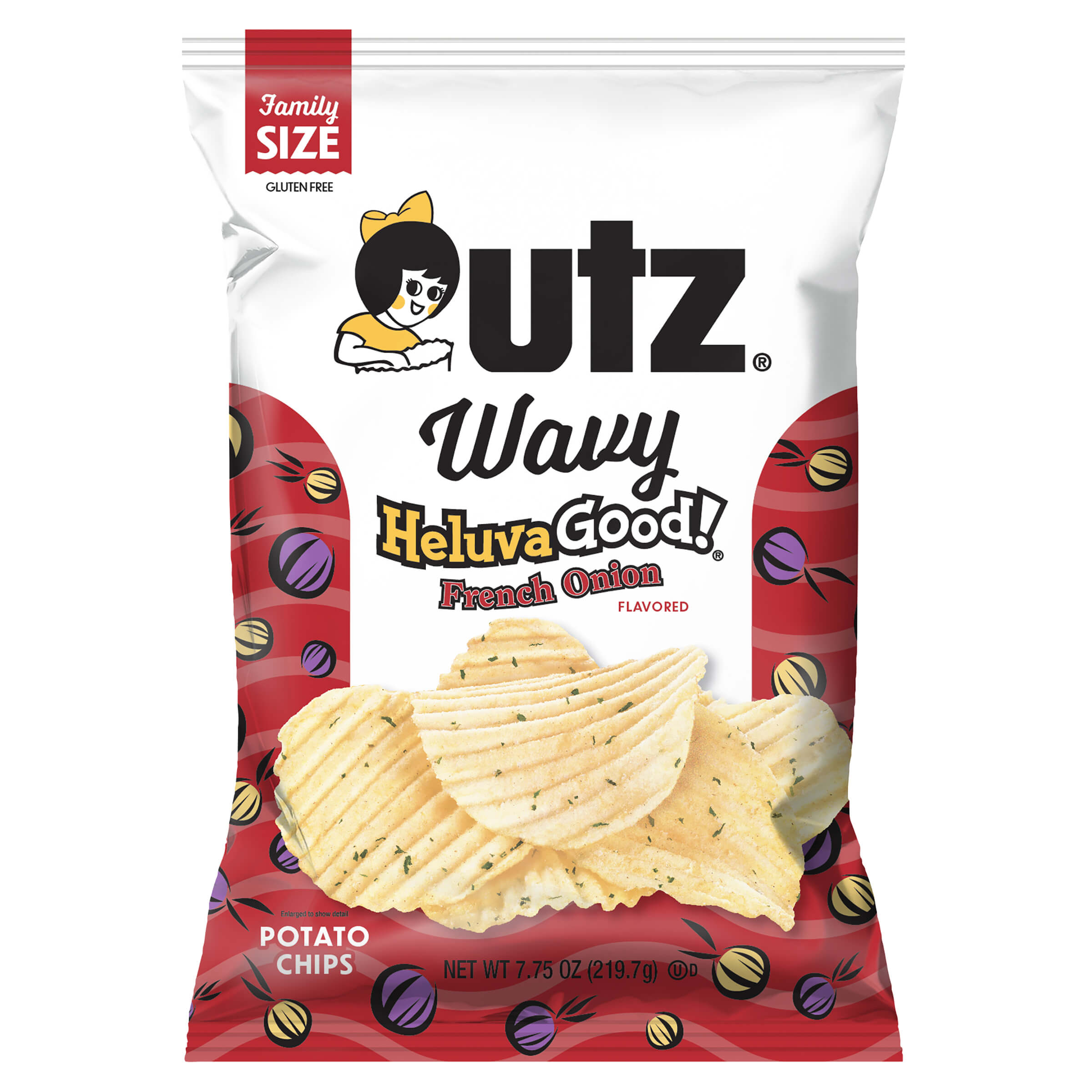 UTZ Wavy Heluva Good! French Onion flavored potato chips family size packaging.