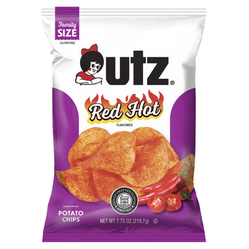 UTZ Red Hot potato chips family size packaging on a white background