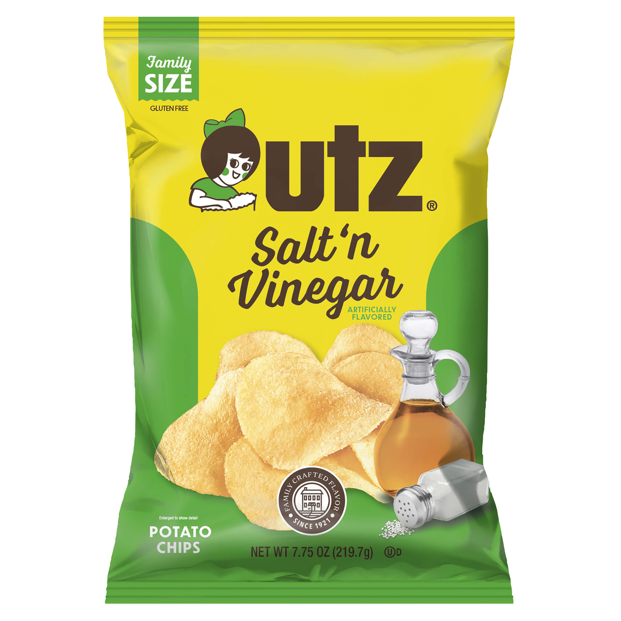 UTZ Salt 'n Vinegar potato chips family size packaging on a white background