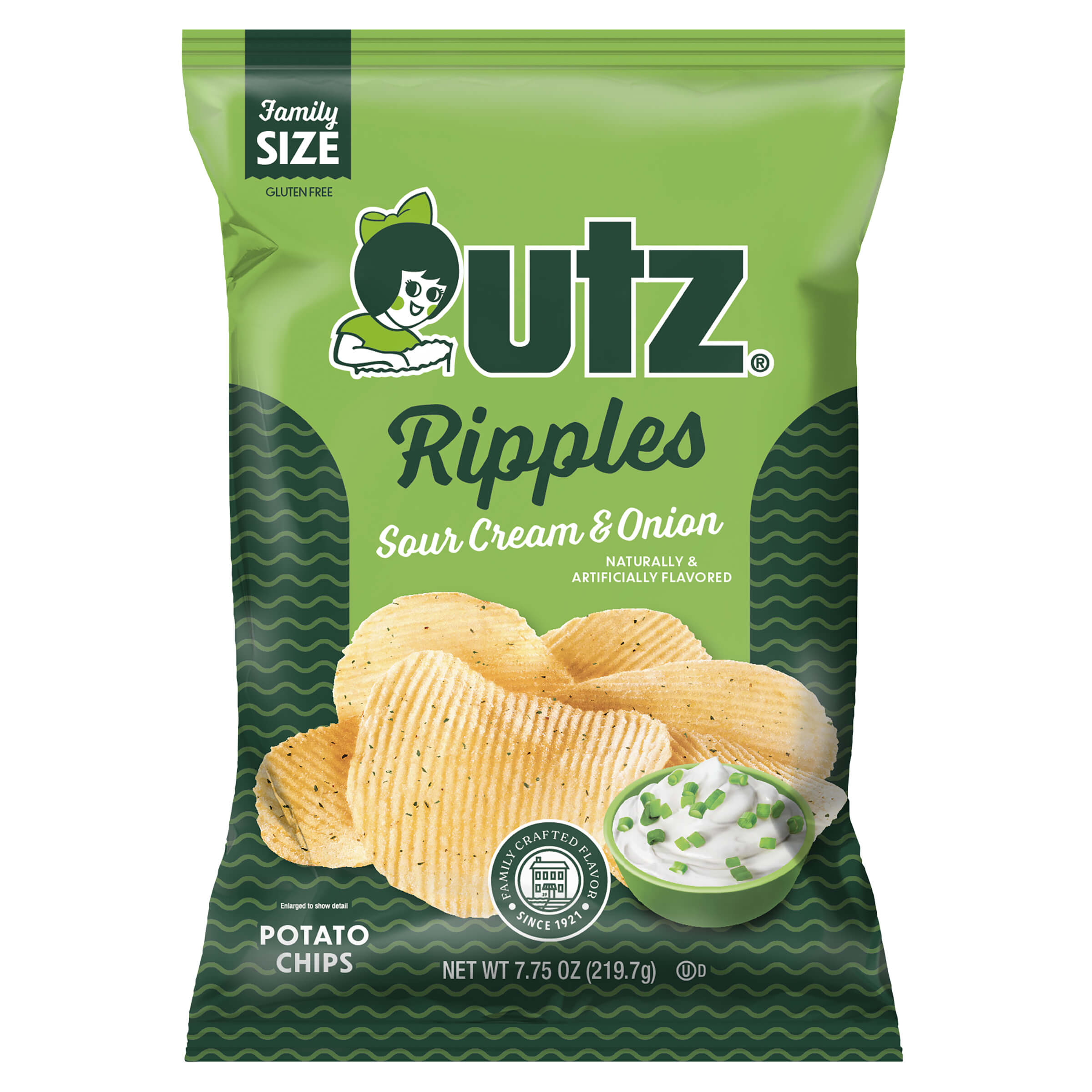 Utz Ripples Sour Cream & Onion potato chips packaging on a white background