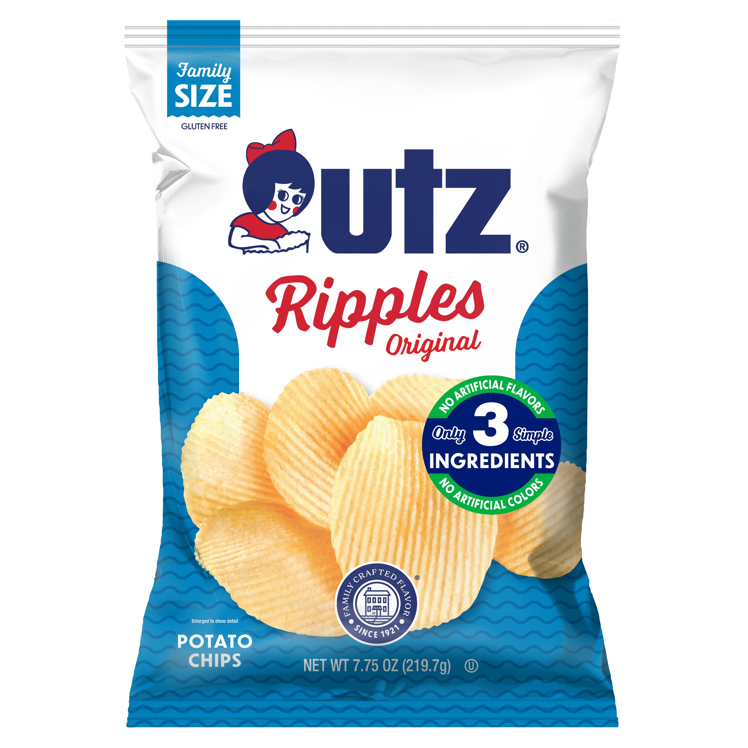 Utz Ripples Original potato chips family size package on a white background