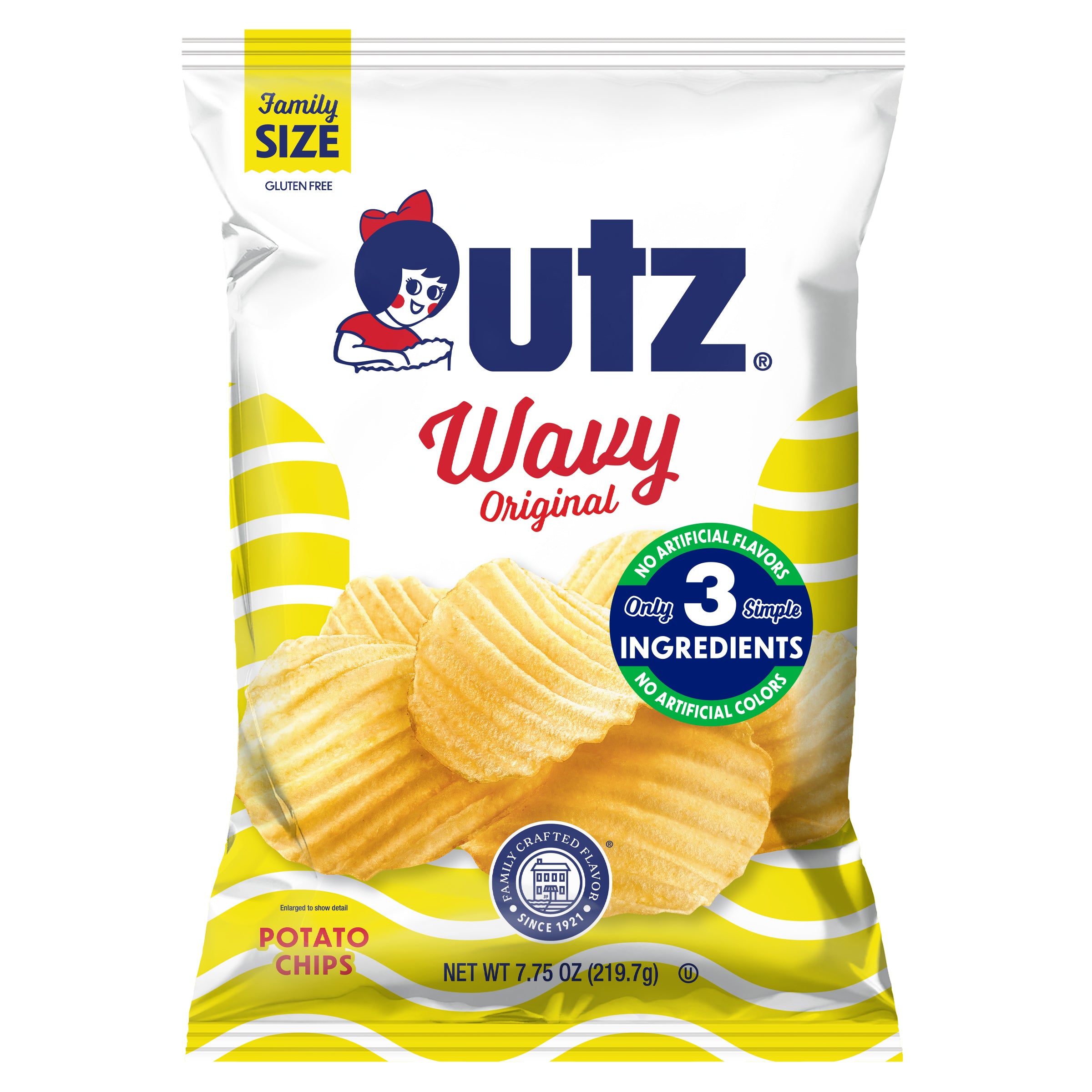 utz Wavy Original potato chips family size package on a white background