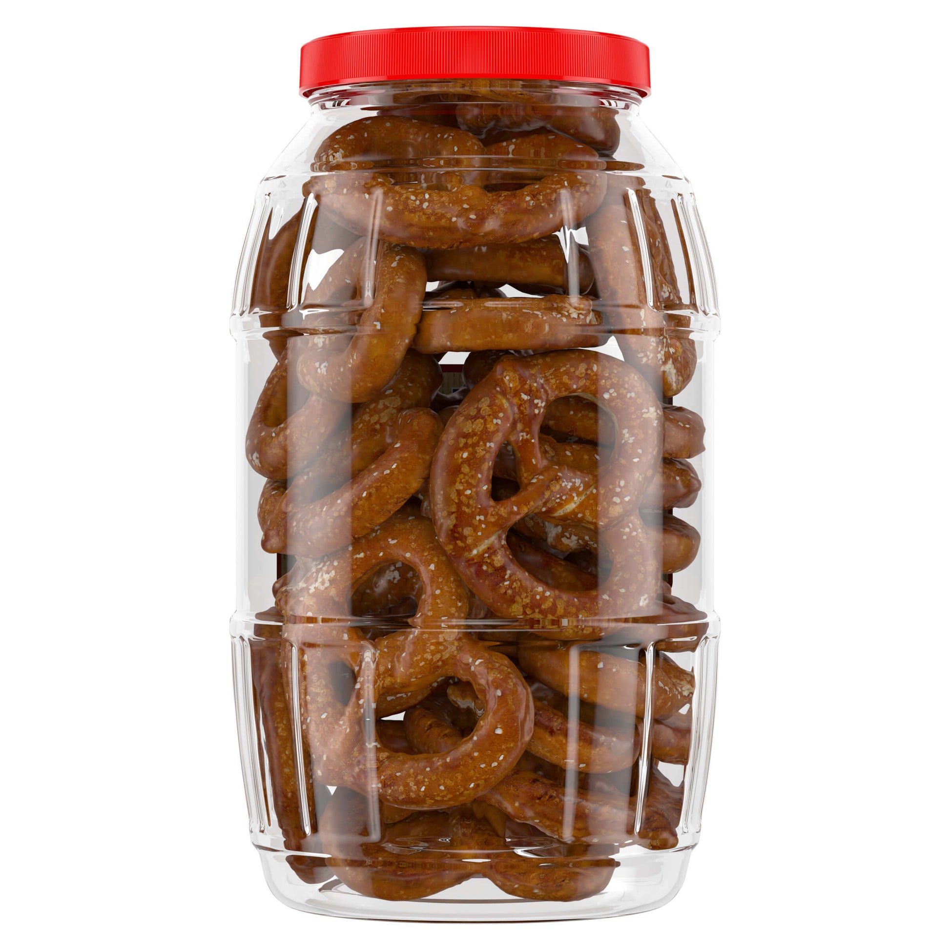Clear jar filled with pretzels and a red lid on a white background