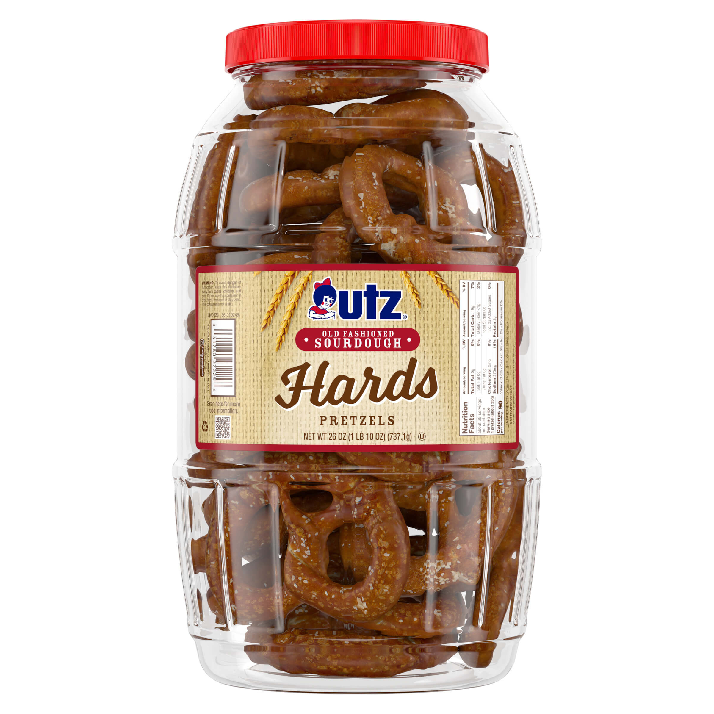 Jar of Utz Hards Pretzels with a red lid on a white background