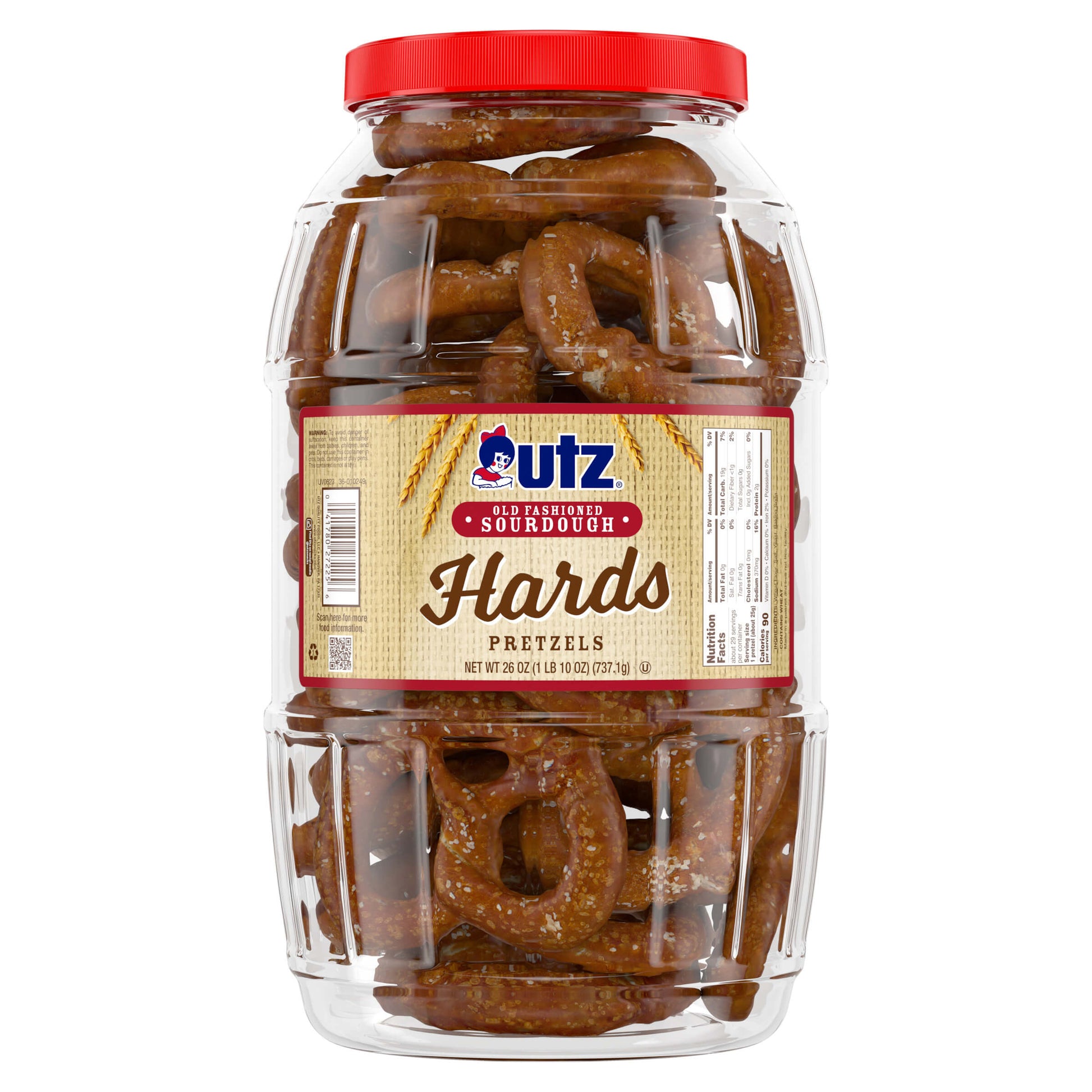 Jar of Utz Hards Pretzels with a red lid on a white background