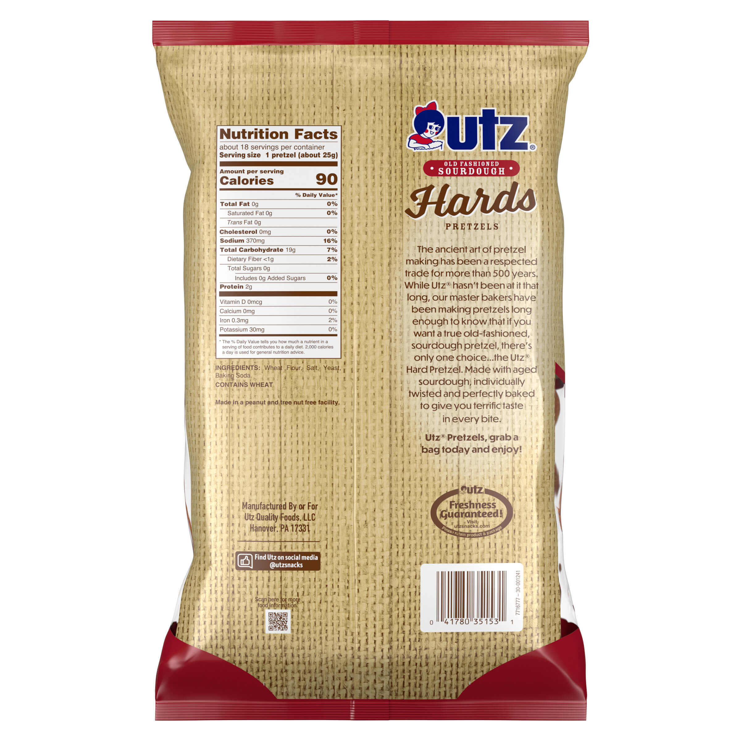 Back of Utz Sourdough Hards Pretzels bag showing nutrition facts and product description