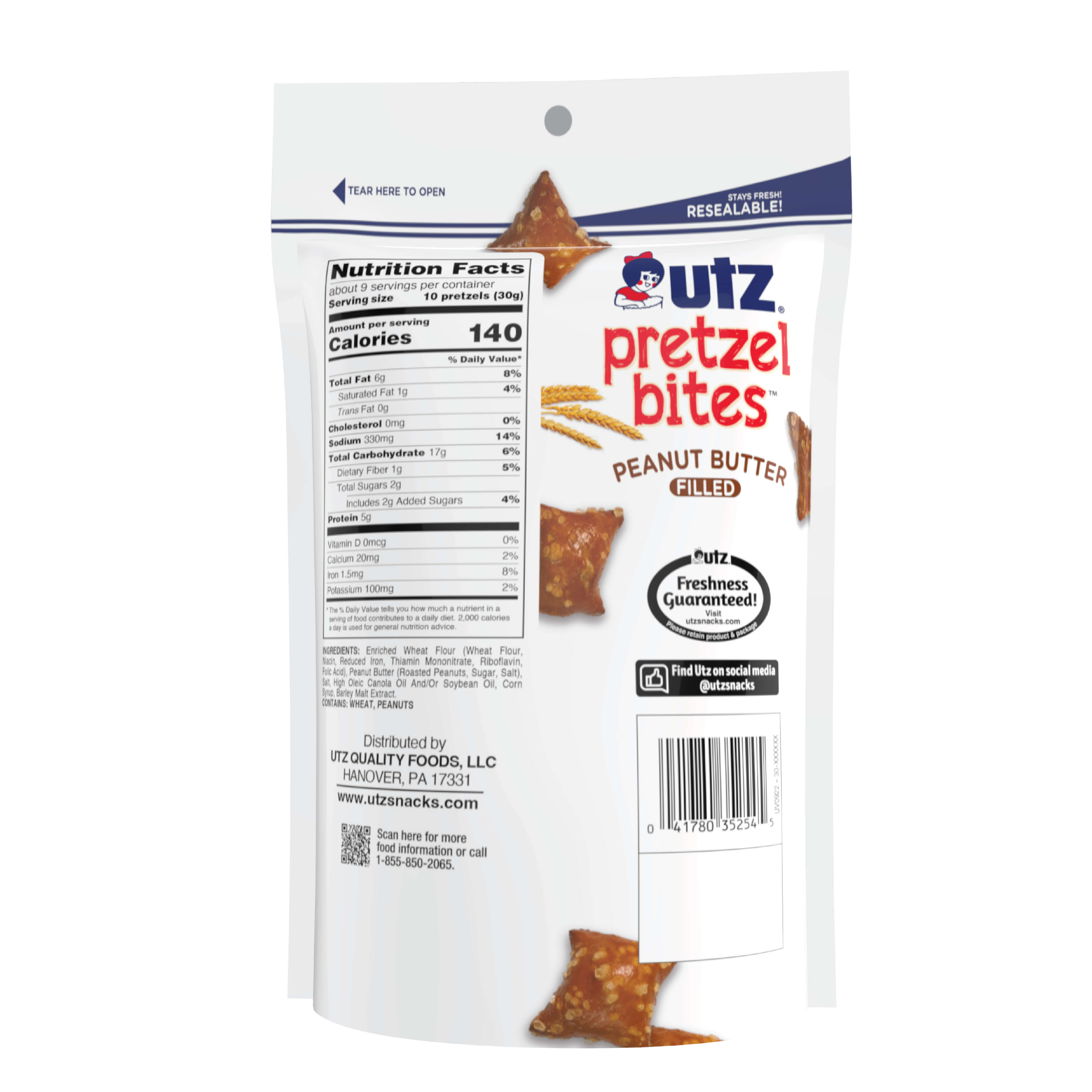 Package of Utz Pretzel Bites Peanut Butter flavor on a white background