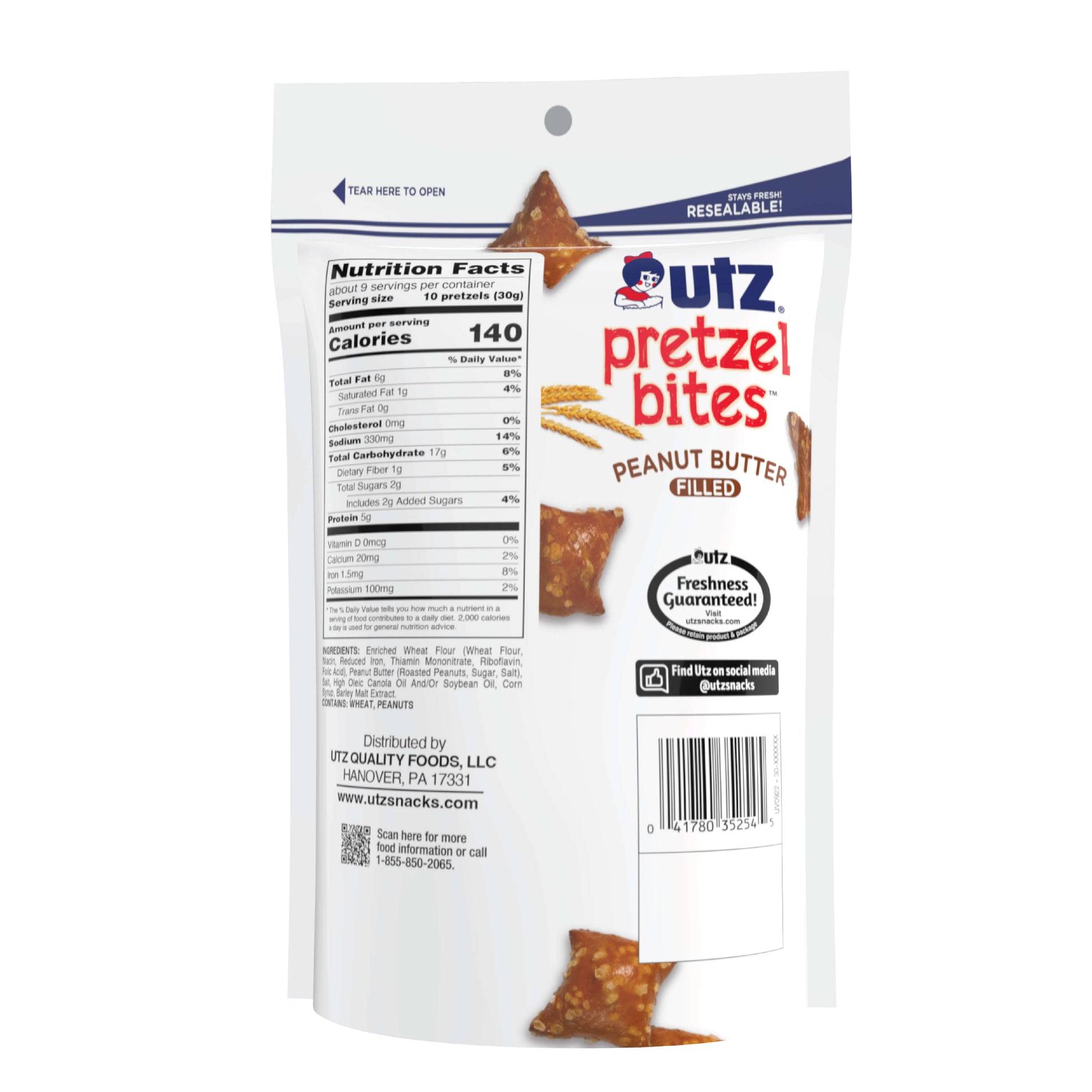 Package of Utz Pretzel Bites Peanut Butter flavor on a white background