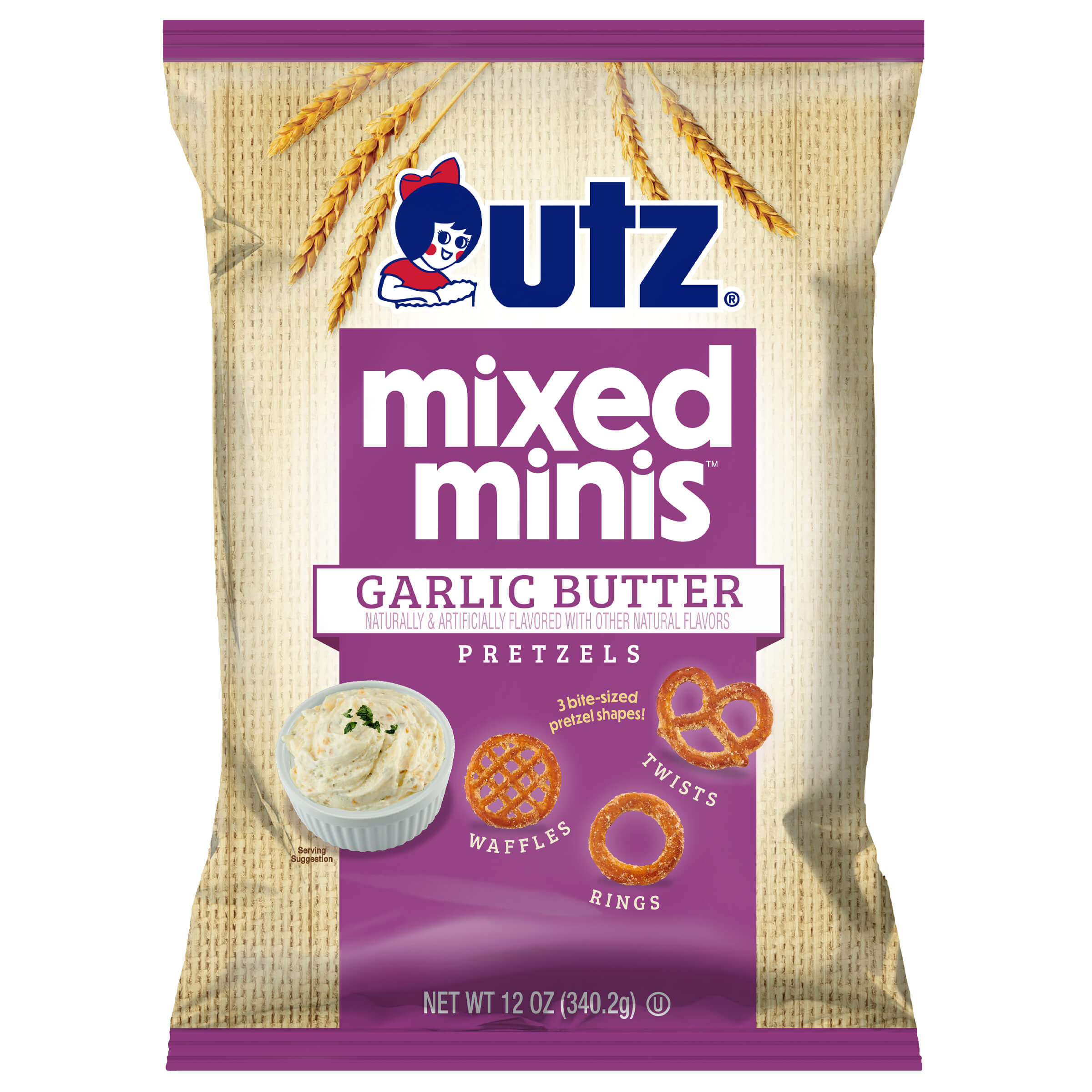 UTZ Mixed Minis Garlic Butter Pretzels packaging on a white background