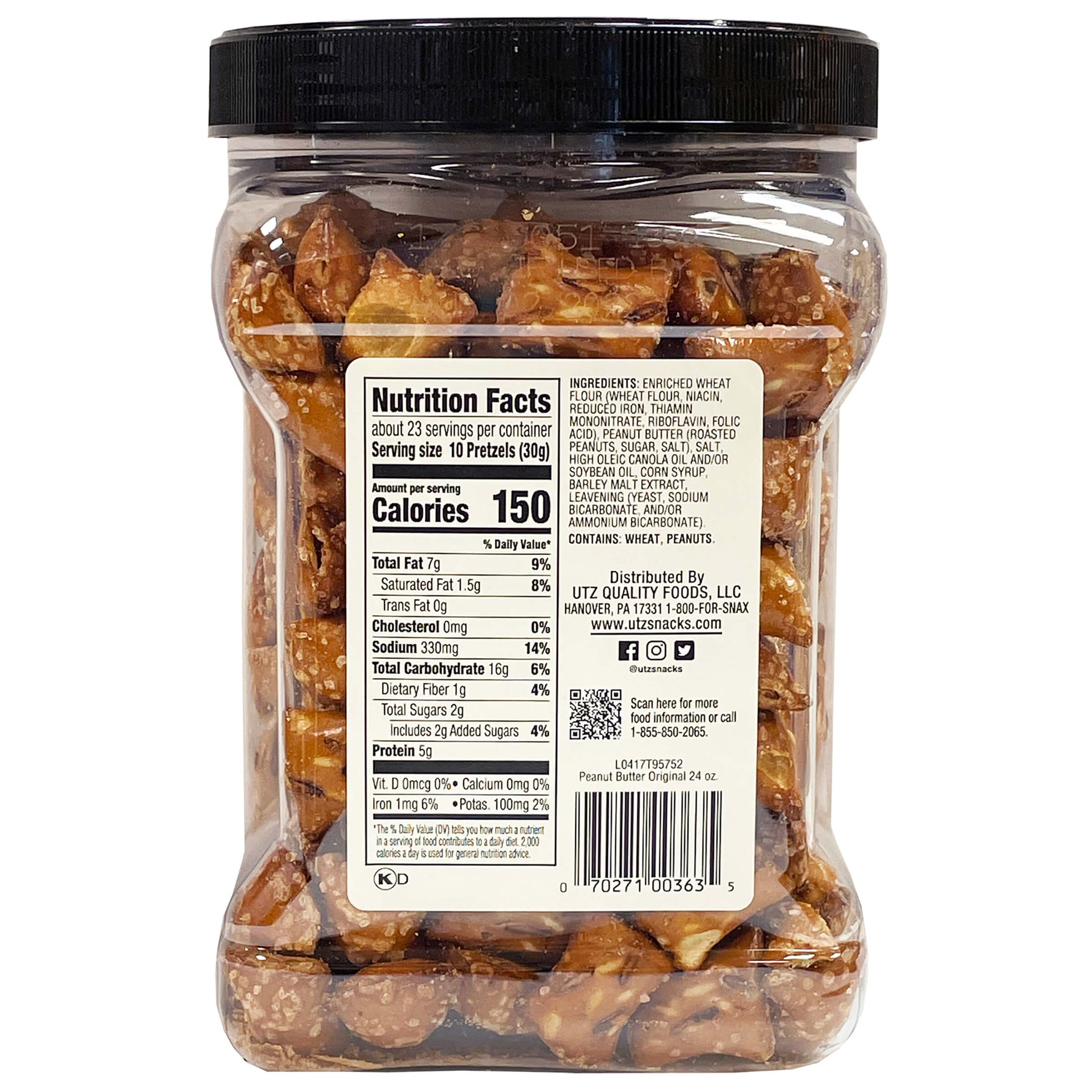 Jar of pet treats with a nutrition facts label on a white background