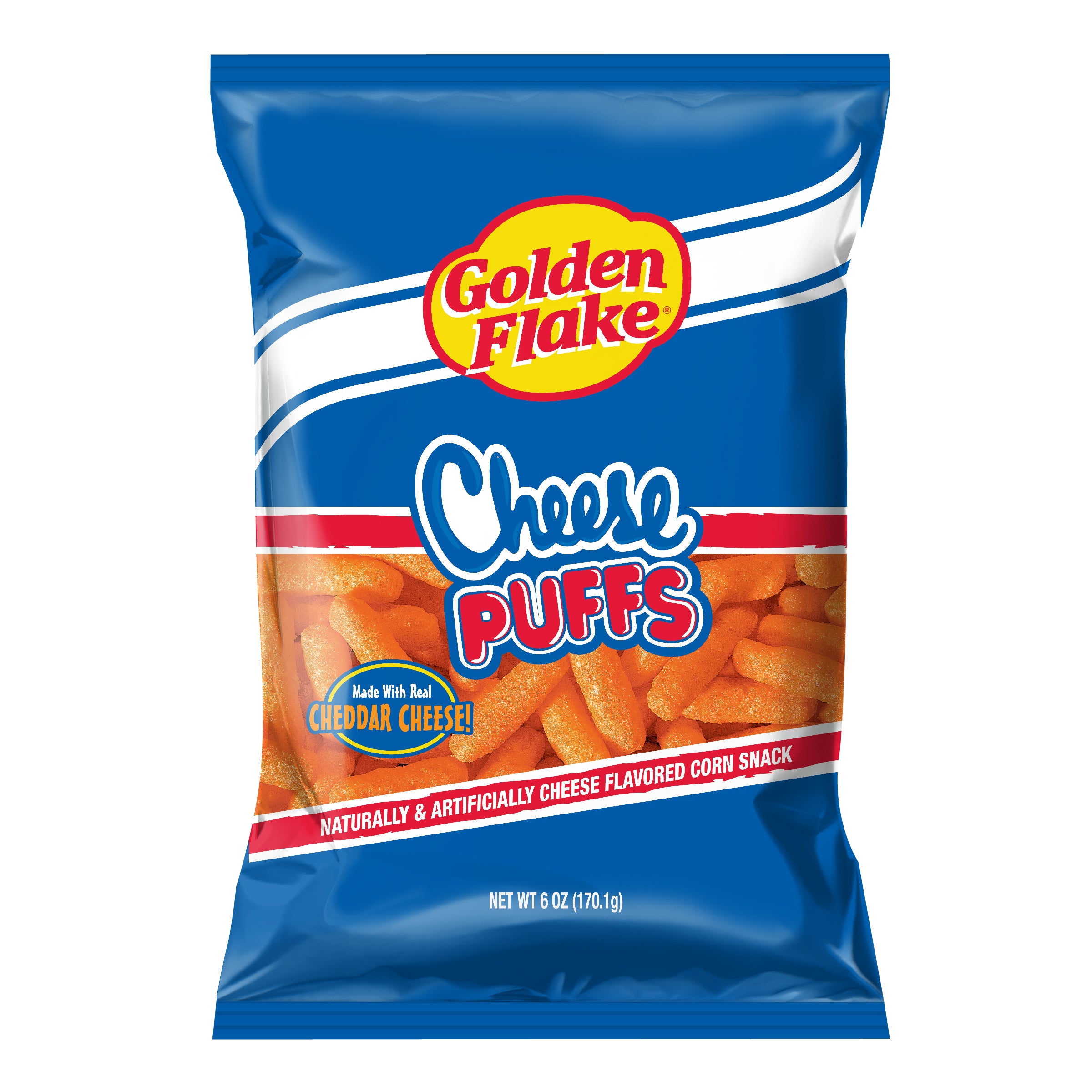Bag of Golden Flake Cheese Puffs with blue and red design on a white background