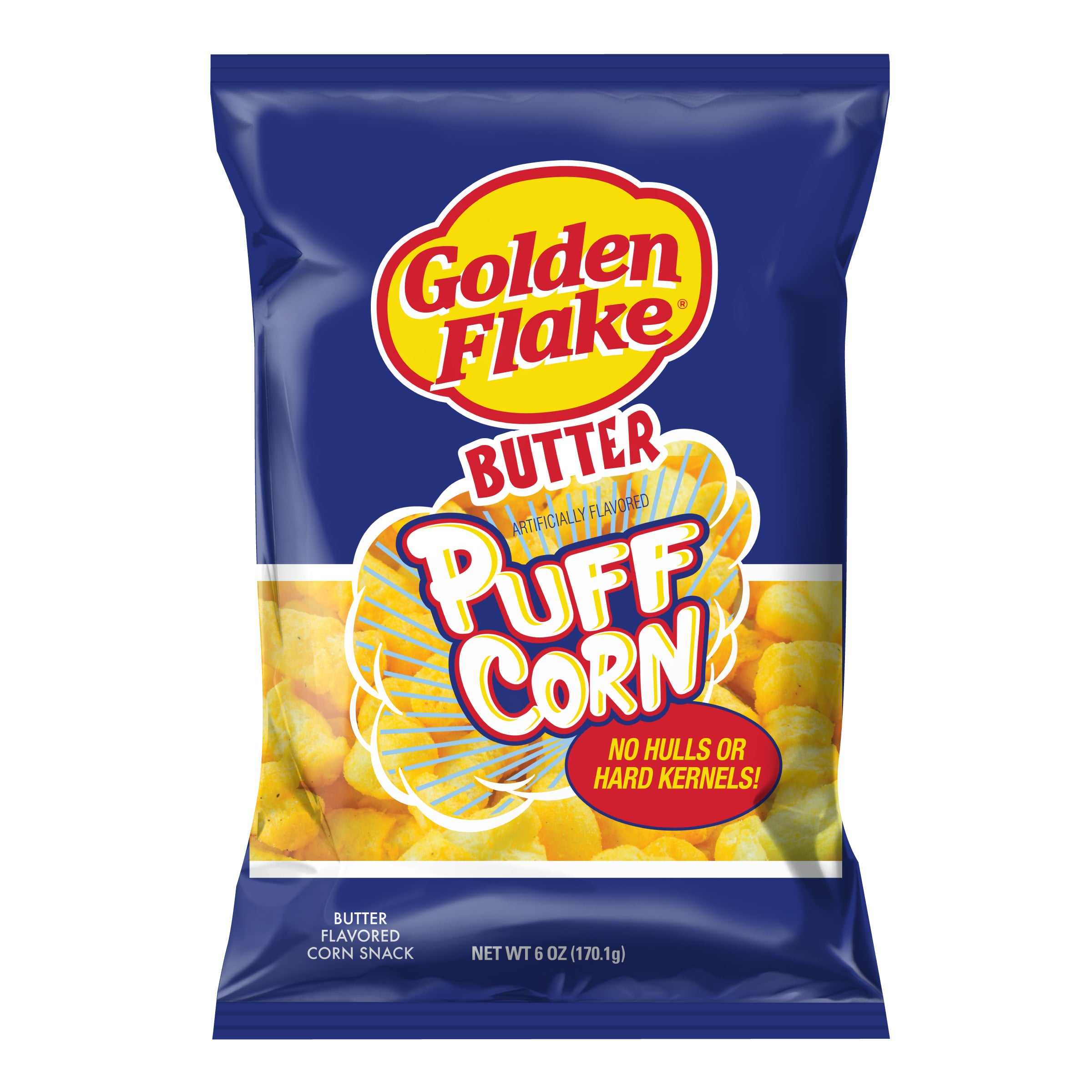 Bag of Golden Flake Butter Puff Corn on a white background