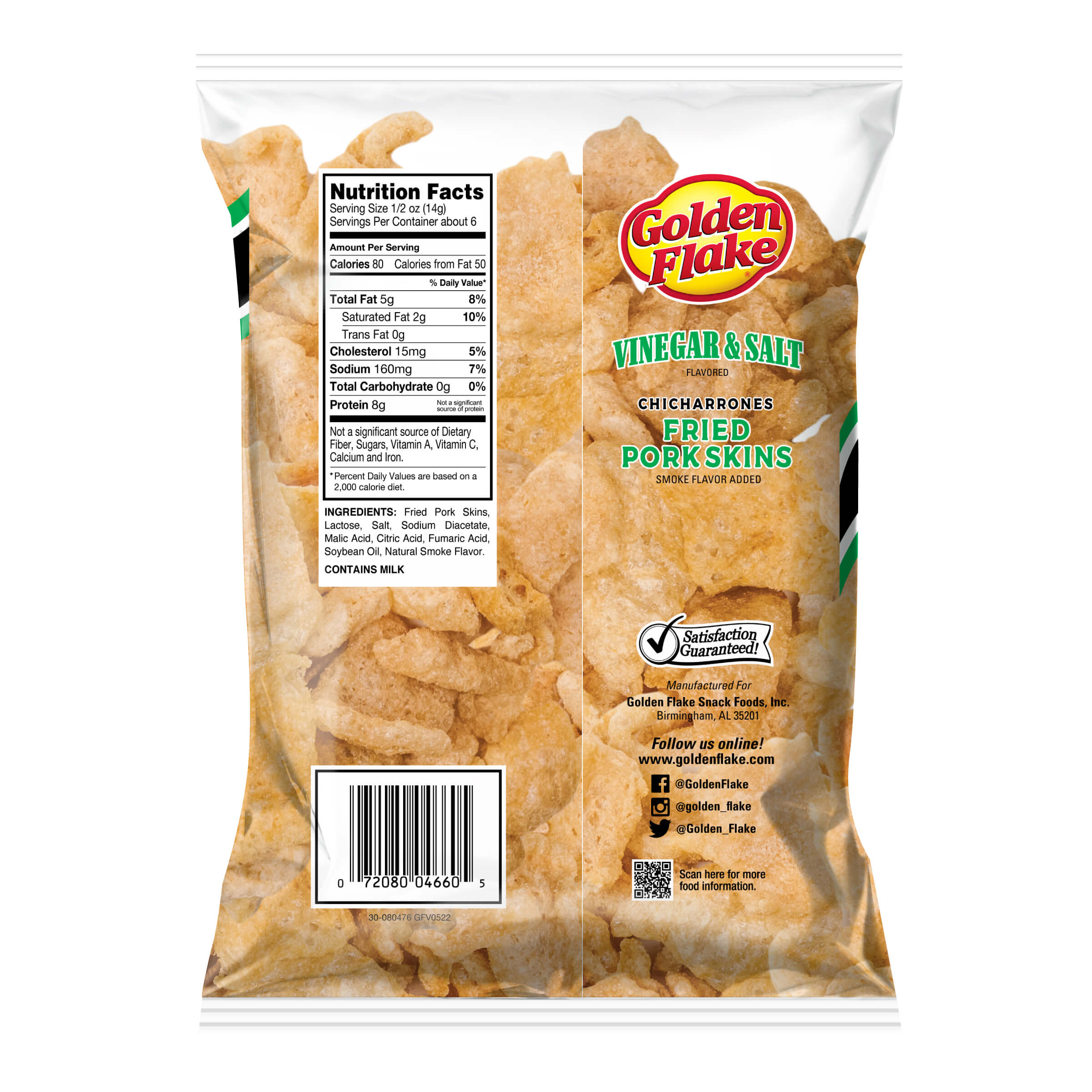 Packaged fried pork skins with Golden Flake branding on a white background
