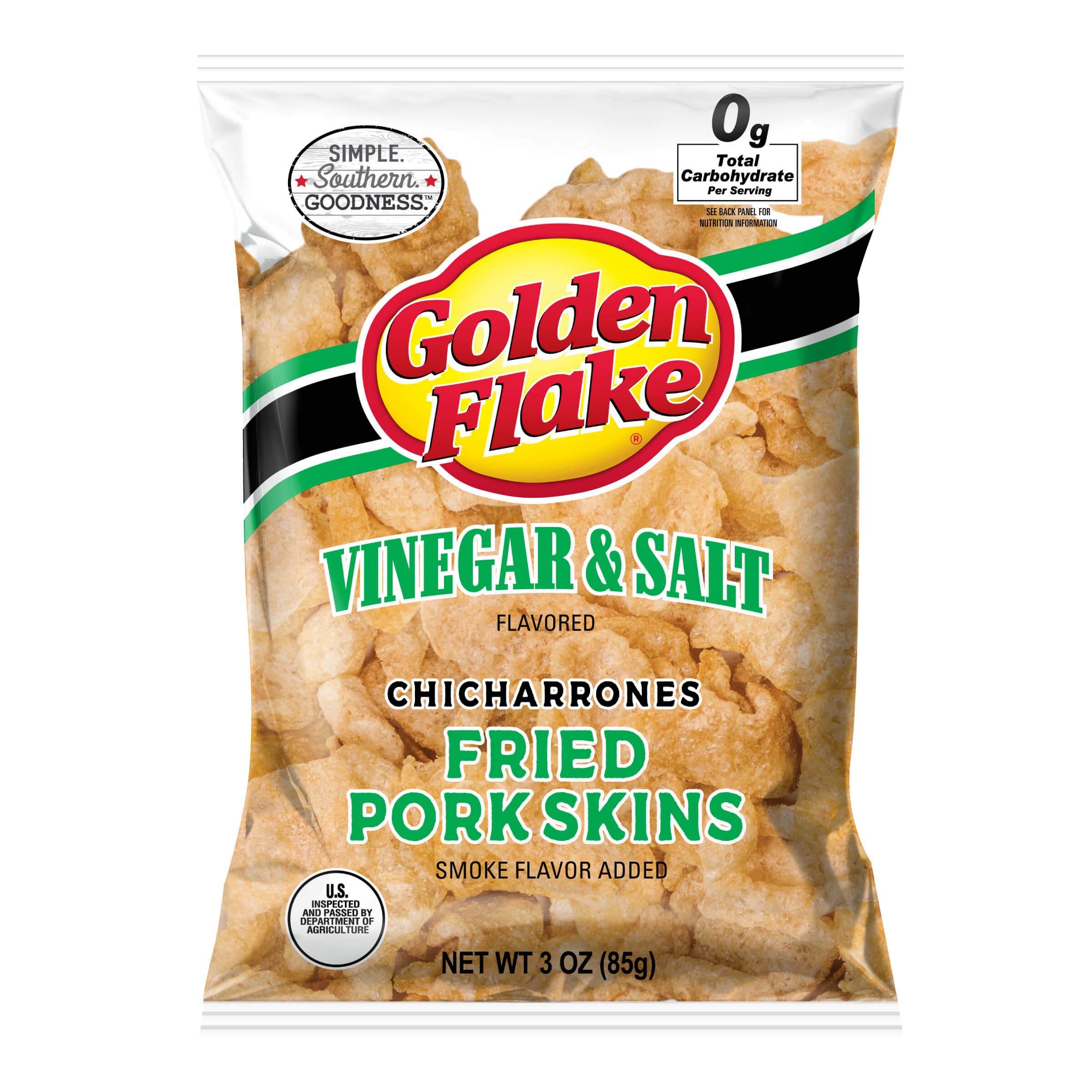 Bag of Golden Flake Vinegar & Salt Flavored Fried Pork Skins on a white background