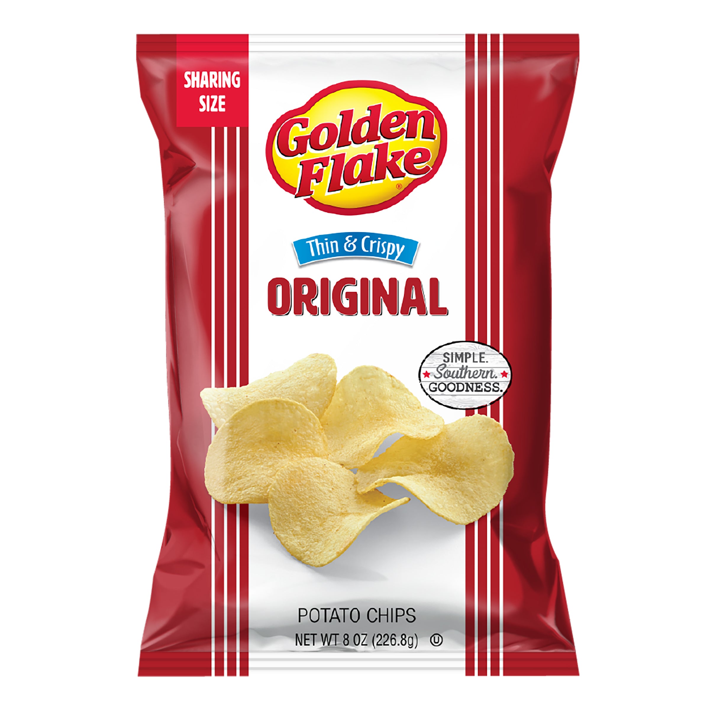 Packaging of Golden Flake Original potato chips with red and white design.