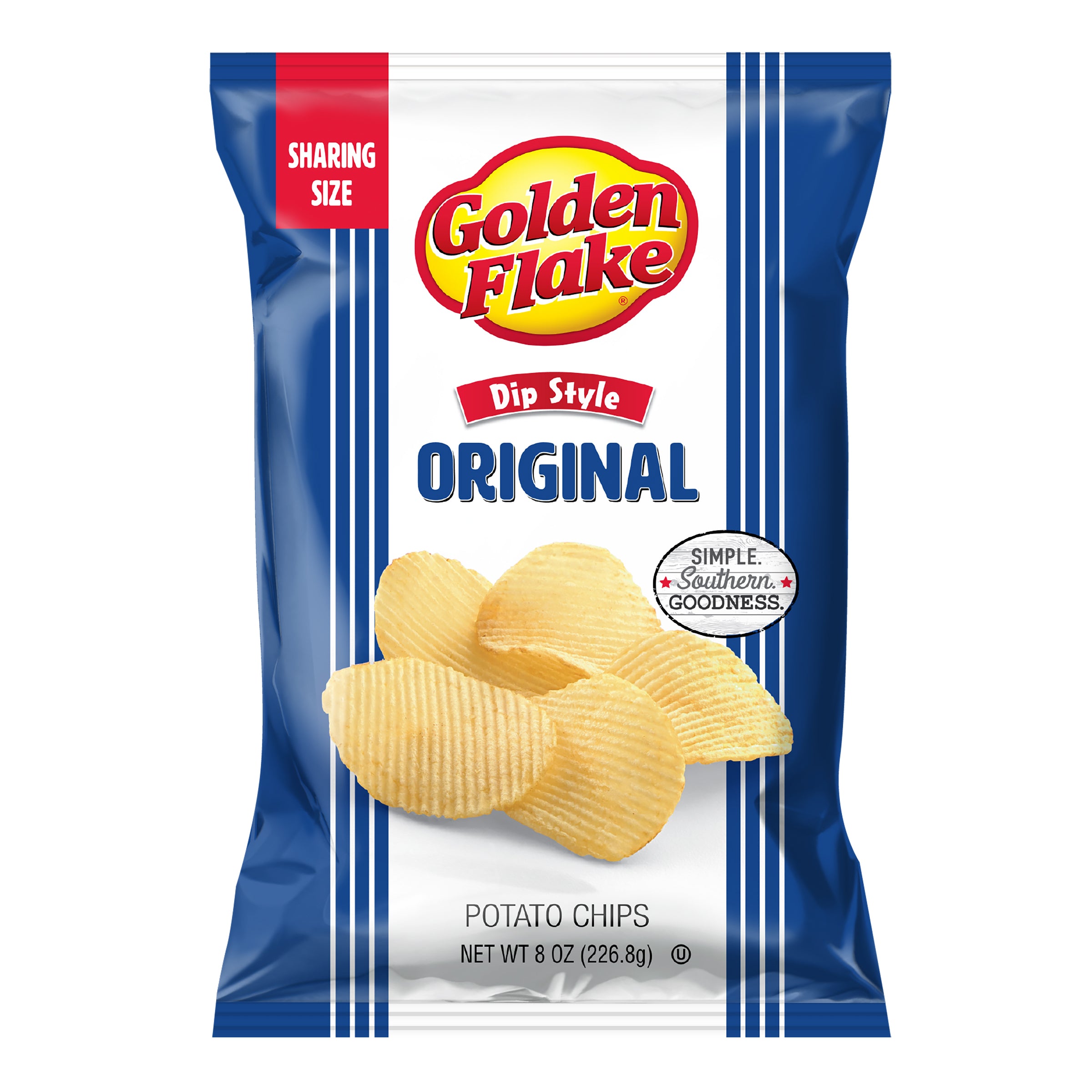 Packaging of Golden Flake Original potato chips with blue and white design.