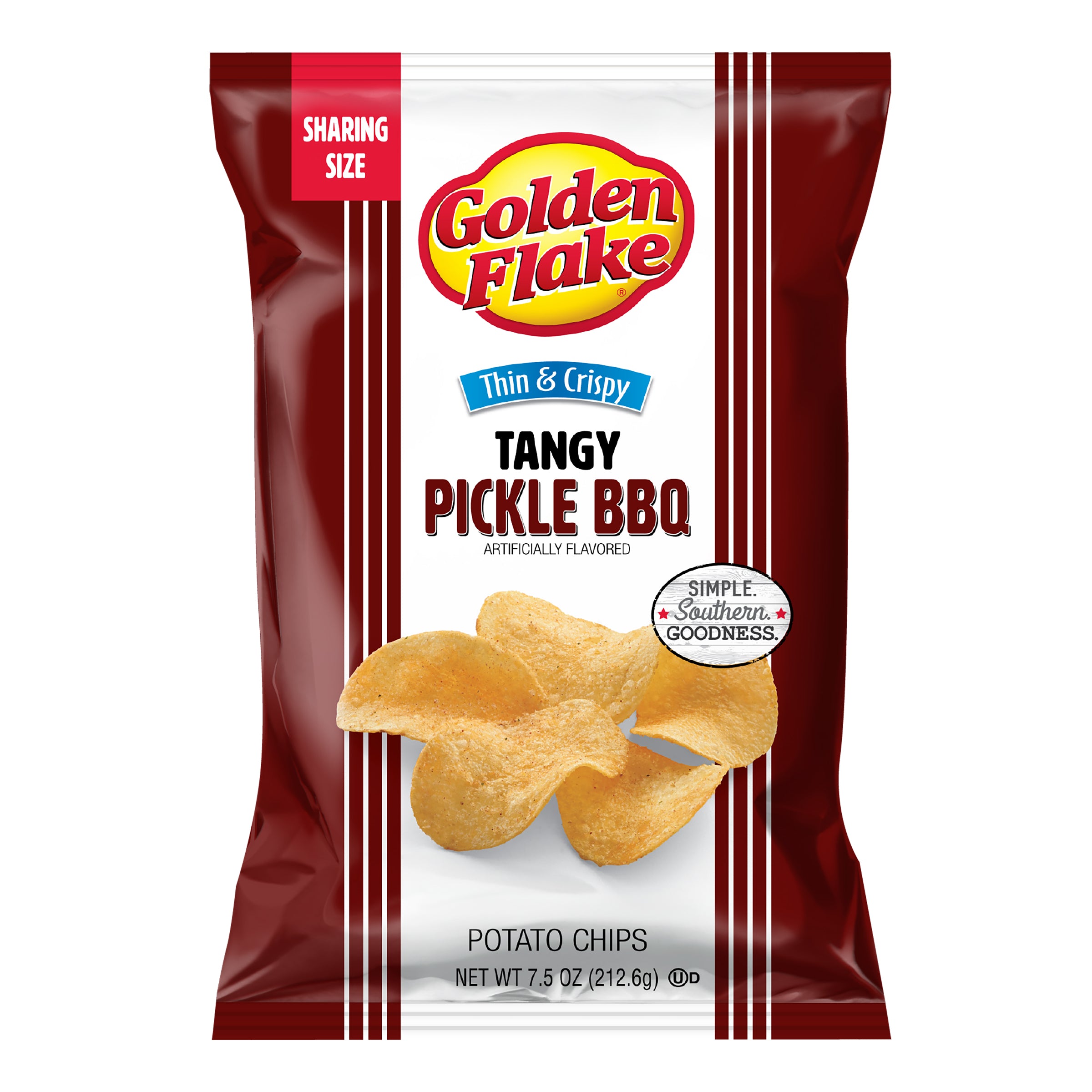Packaging of Golden Flake Tangy Pickle BBQ potato chips on a white background