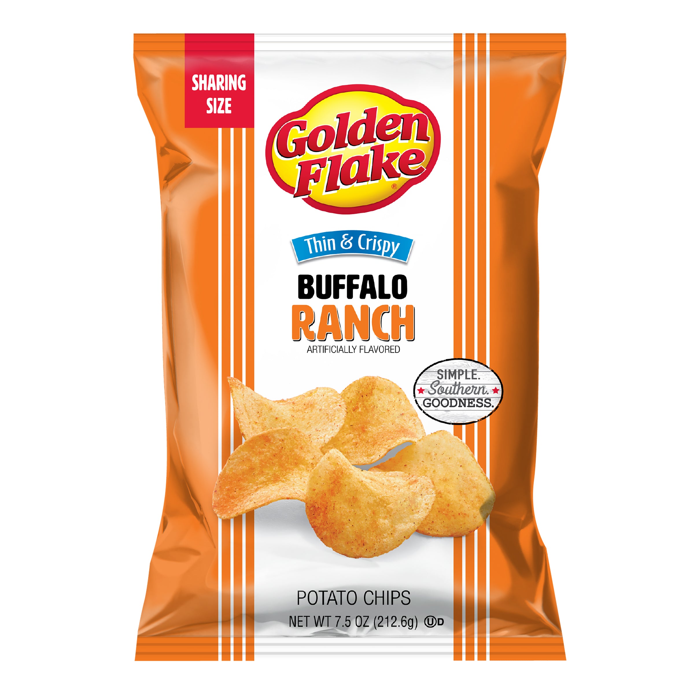 Packaging of Golden Flake Buffalo Ranch potato chips on a white background