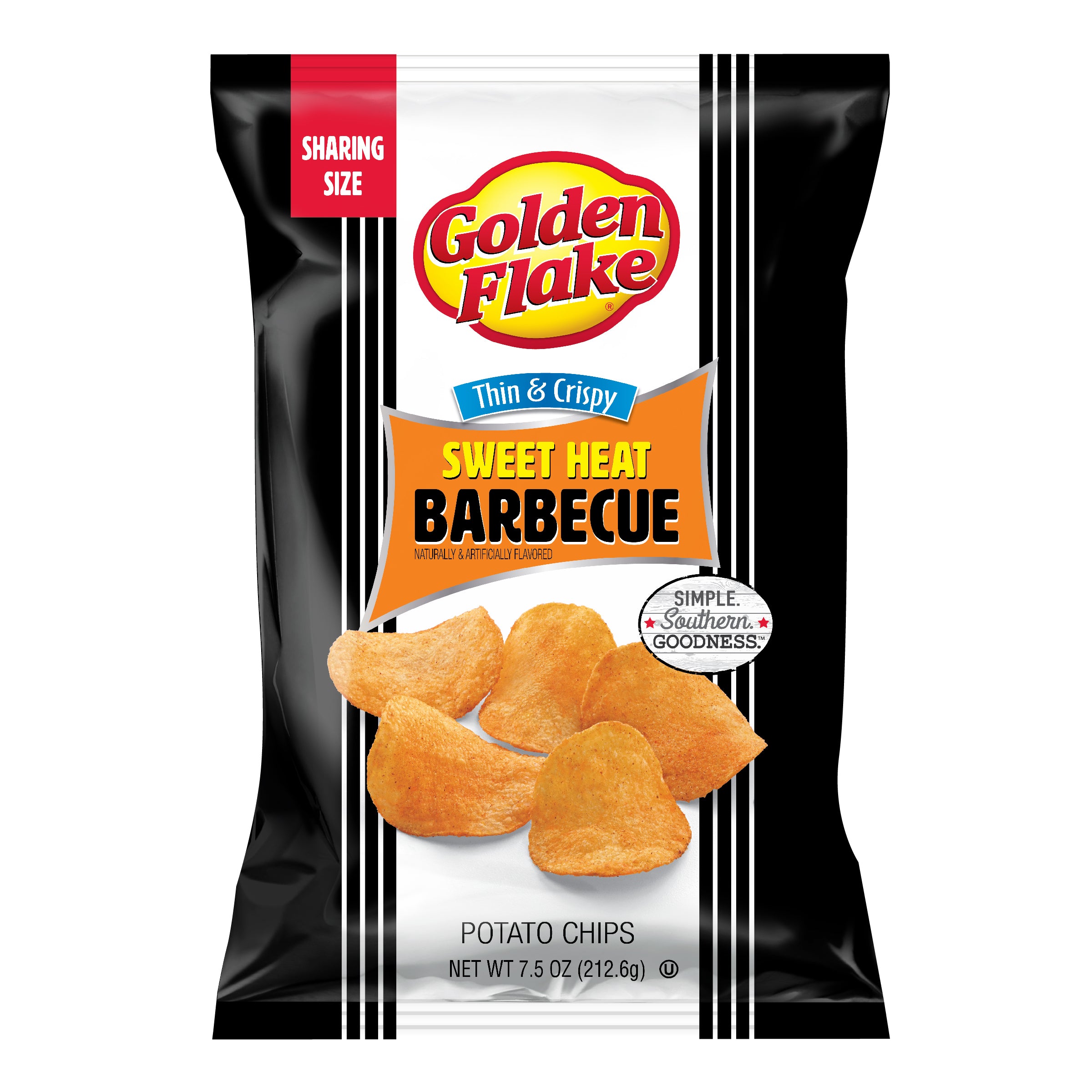 Bag of Golden Flake Sweet Heat Barbecue potato chips on a white background