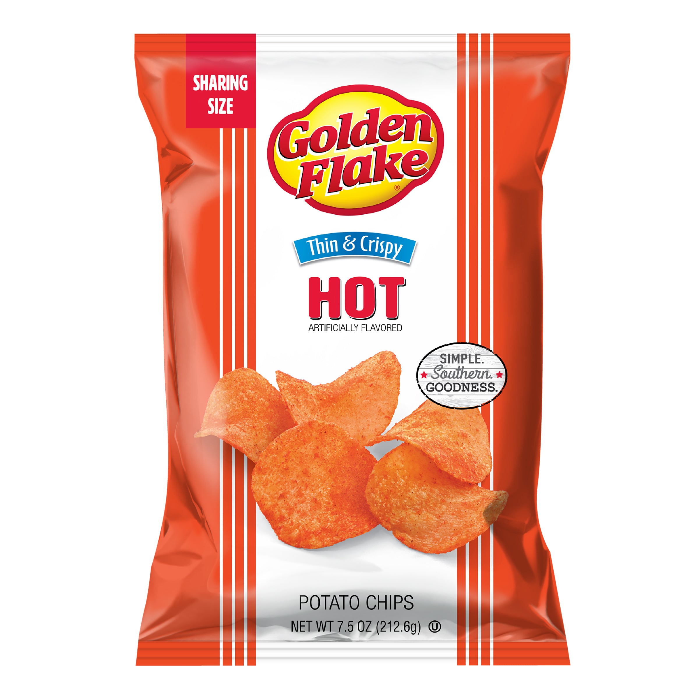 Packaging of Golden Flake Hot potato chips on a white background