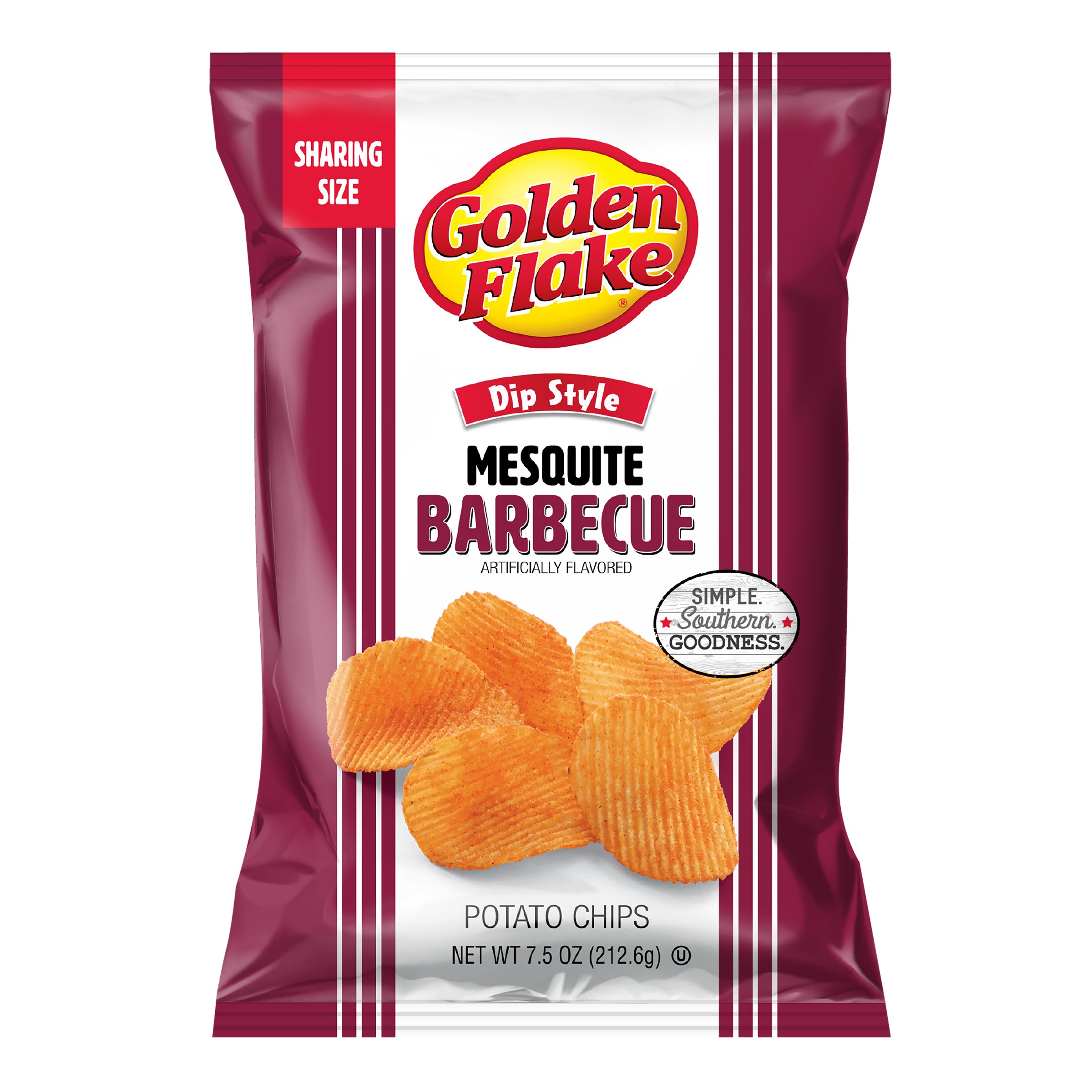 Packaging of Golden Flake Mesquite Barbecue potato chips on a white background