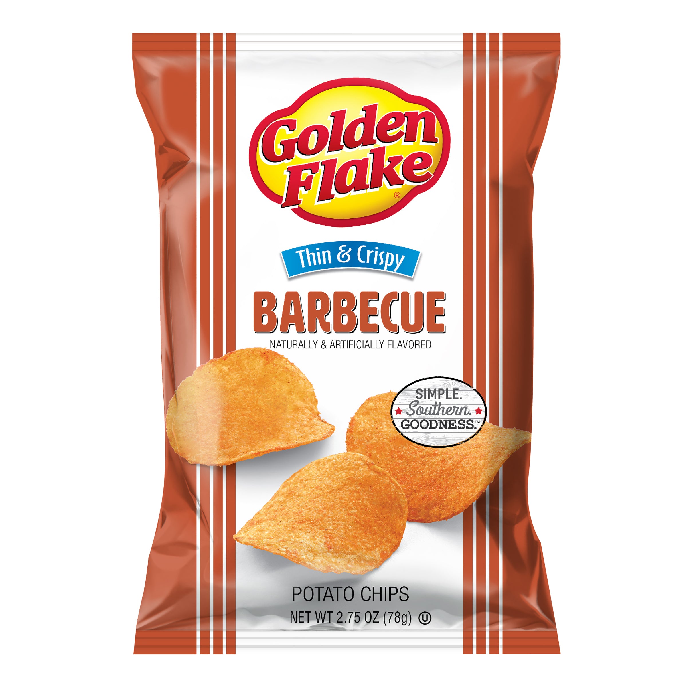 Packaging of Golden Flake Barbecue potato chips on a white background