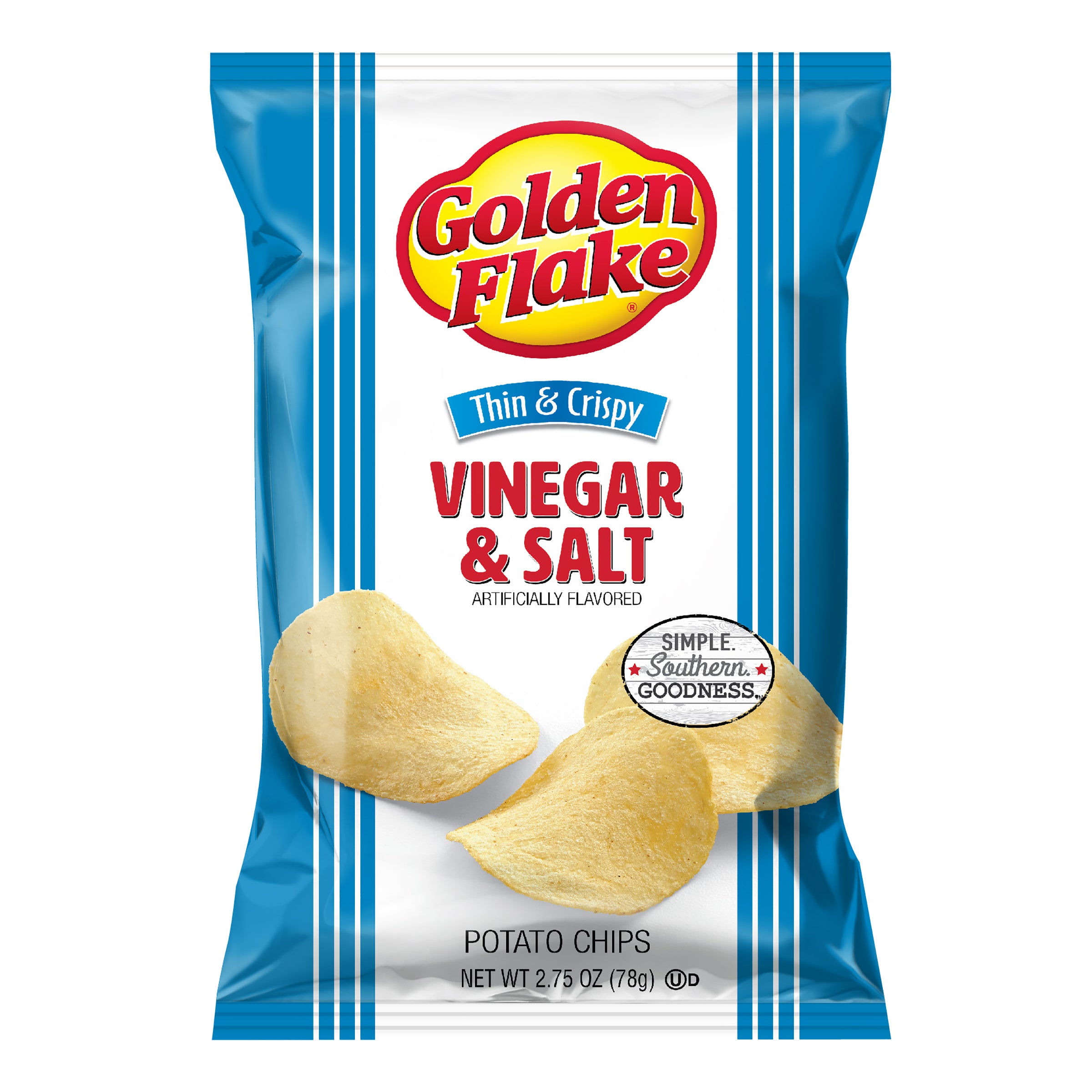 Packaging of Golden Flake vinegar and salt potato chips with blue and white design.