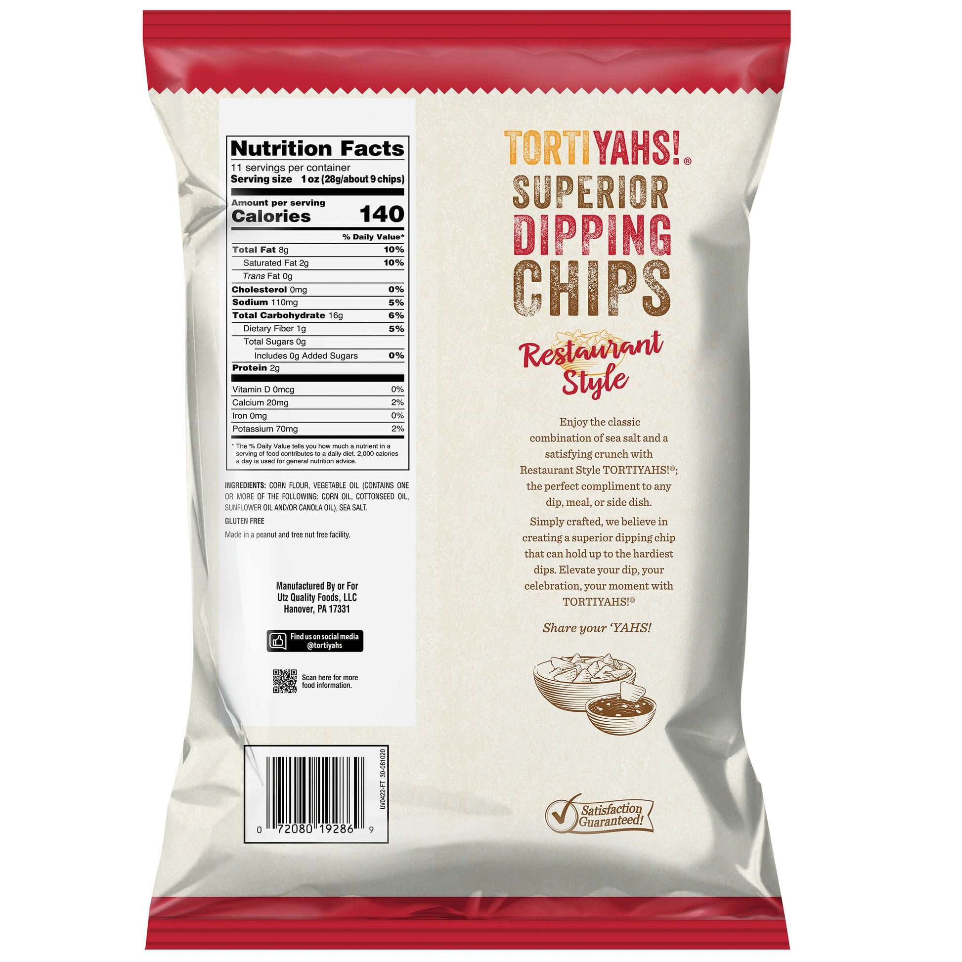 Back view of Tortiyahs Superior Dipping Chips packaging with nutritional information and branding details.