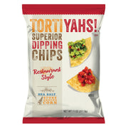 Tortiyahs! dipping chips packaging with tortilla chips and guacamole on a white background