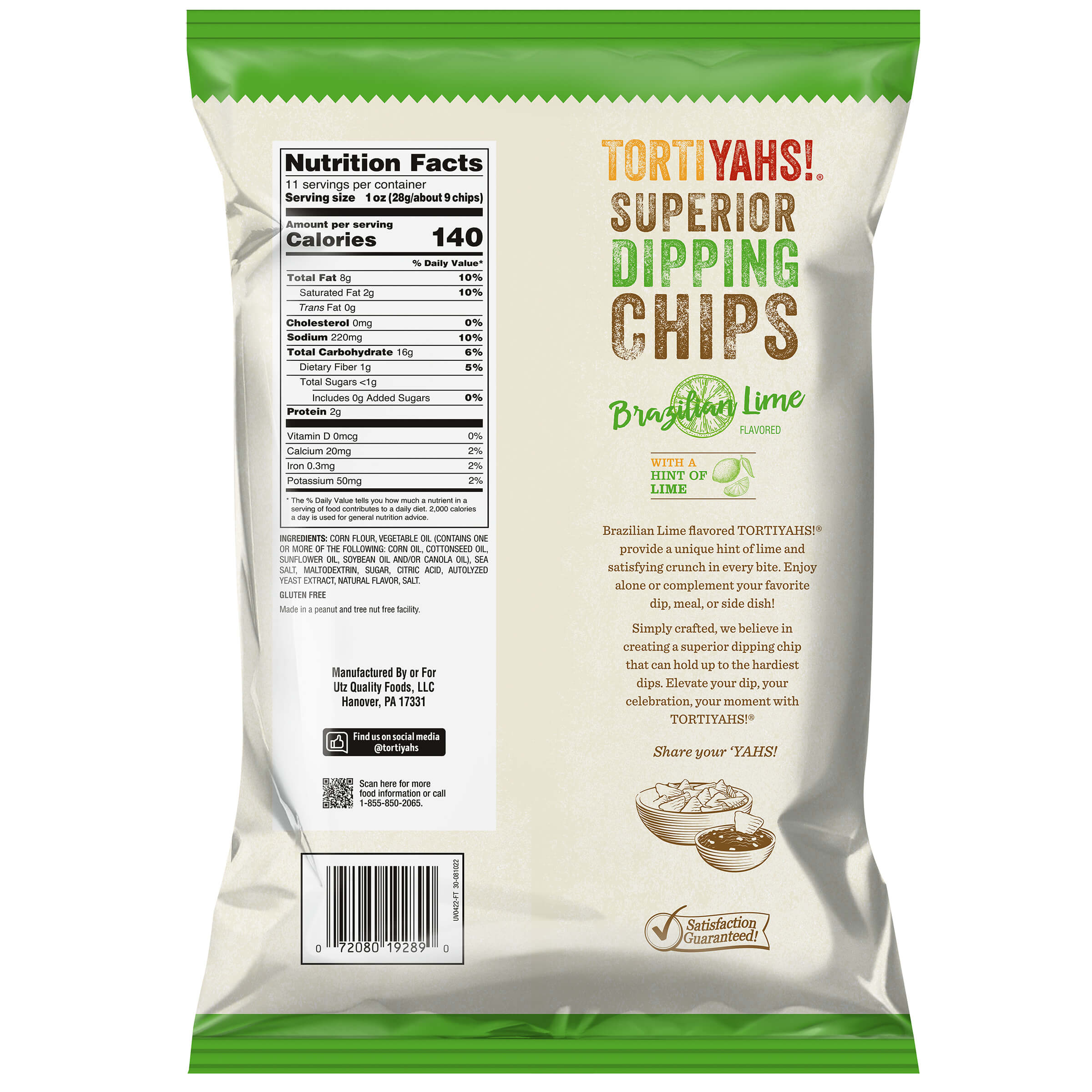 Tortiyahs Superior Dipping Chips packaging with nutritional information and brand details.