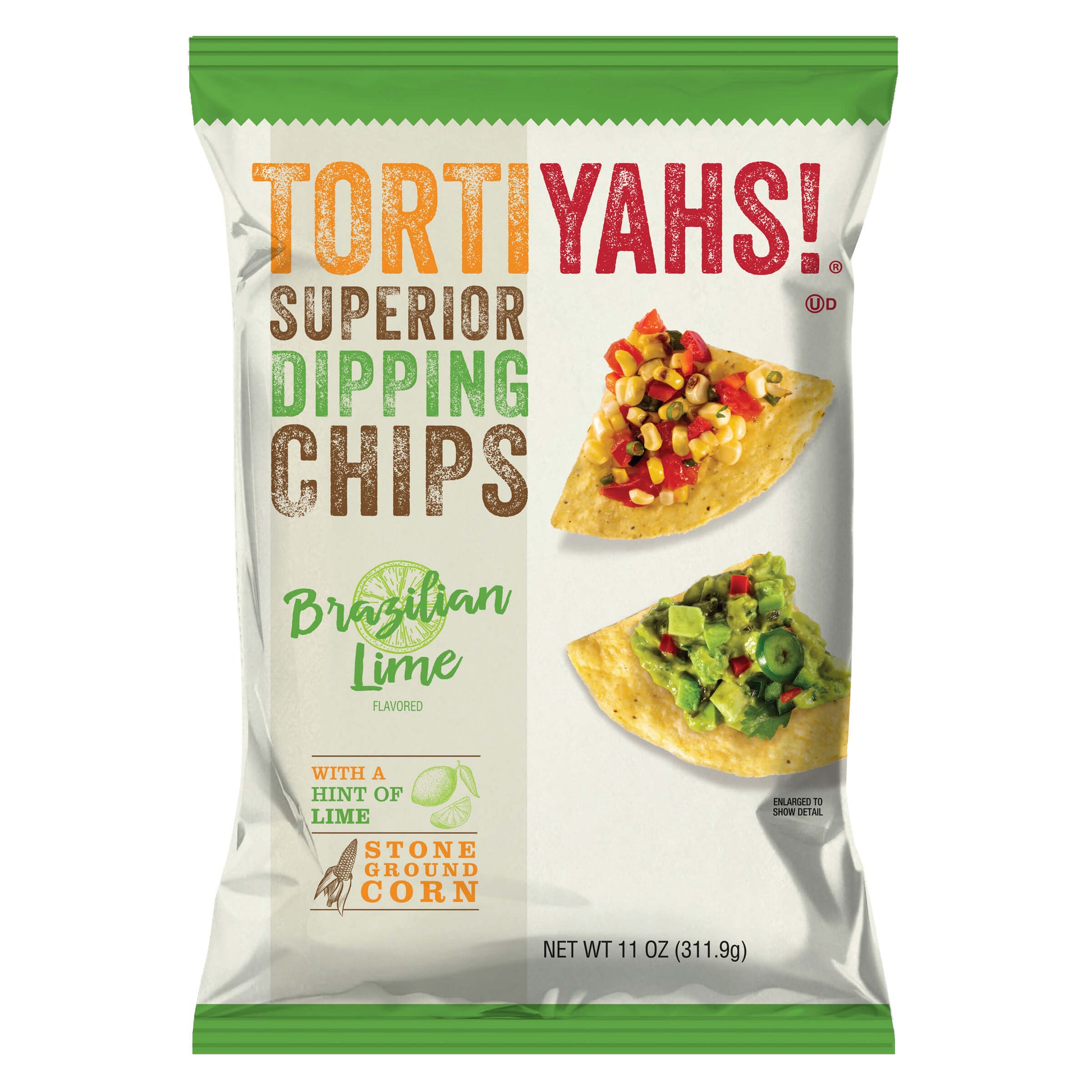 Packaging of Tortiyahs Superior Dipping Chips with Brazilian Lime flavor on a white background