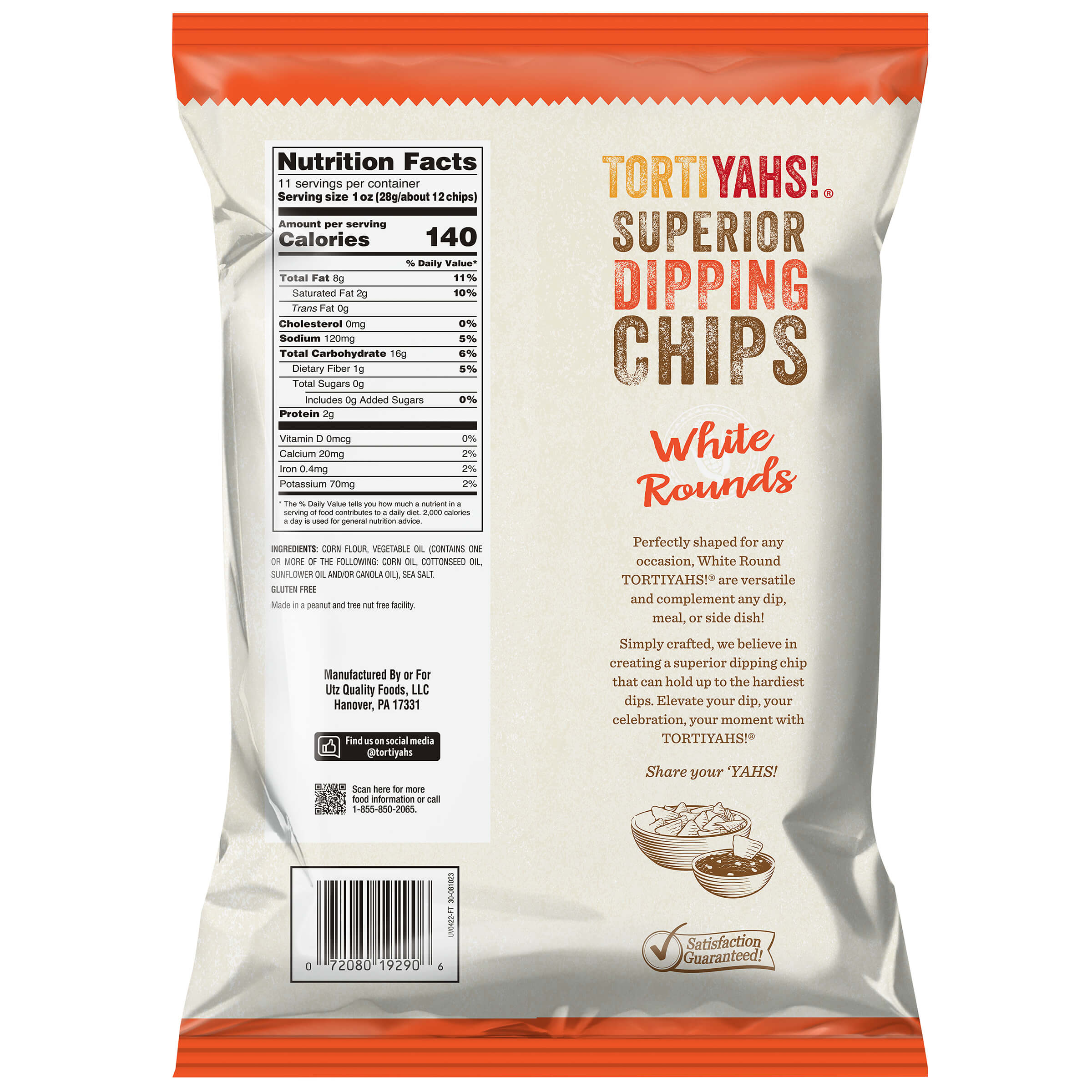 Back view of Tortiyahs Superior Dipping Chips packaging with text and nutrition facts.