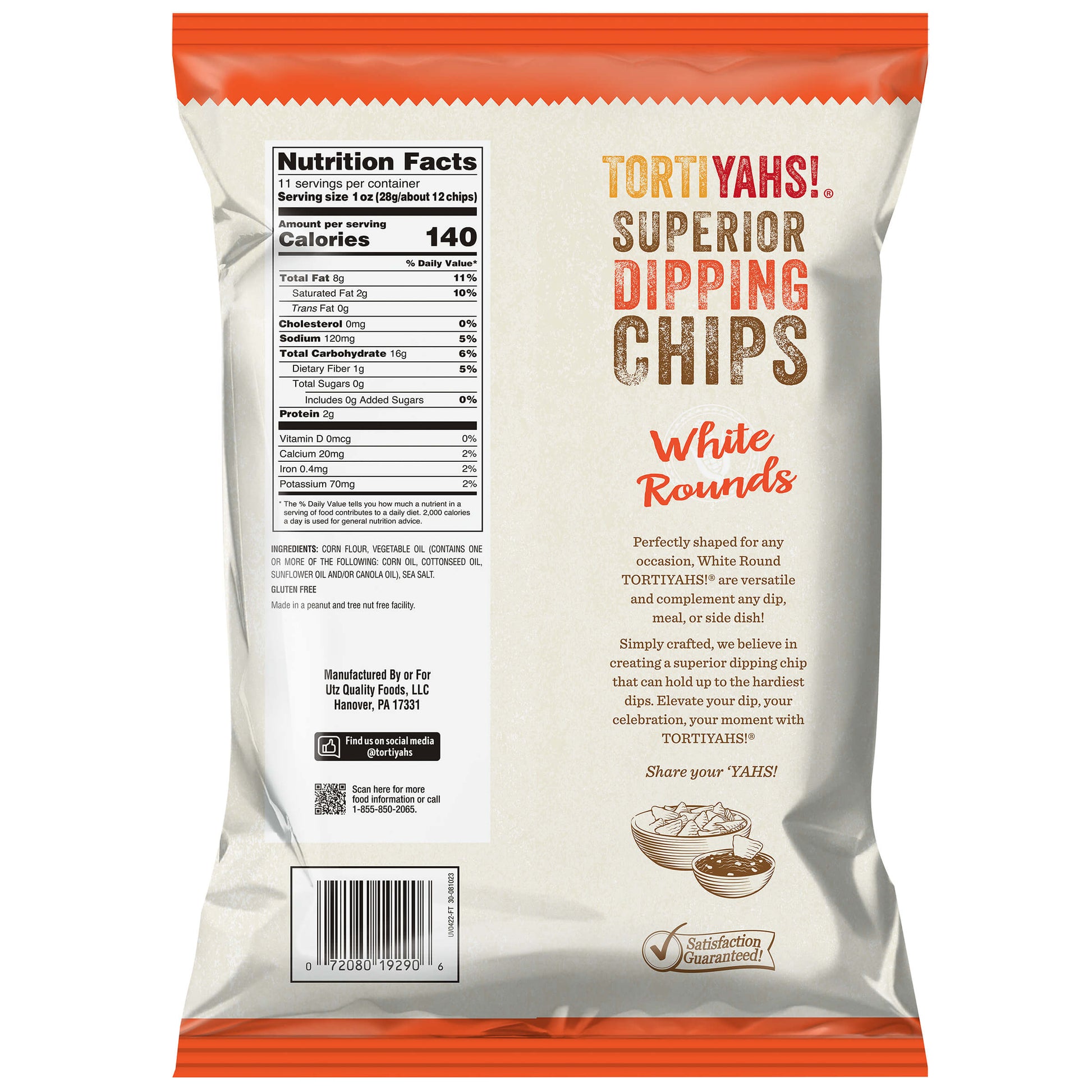 Back view of Tortiyahs Superior Dipping Chips packaging with text and nutrition facts.