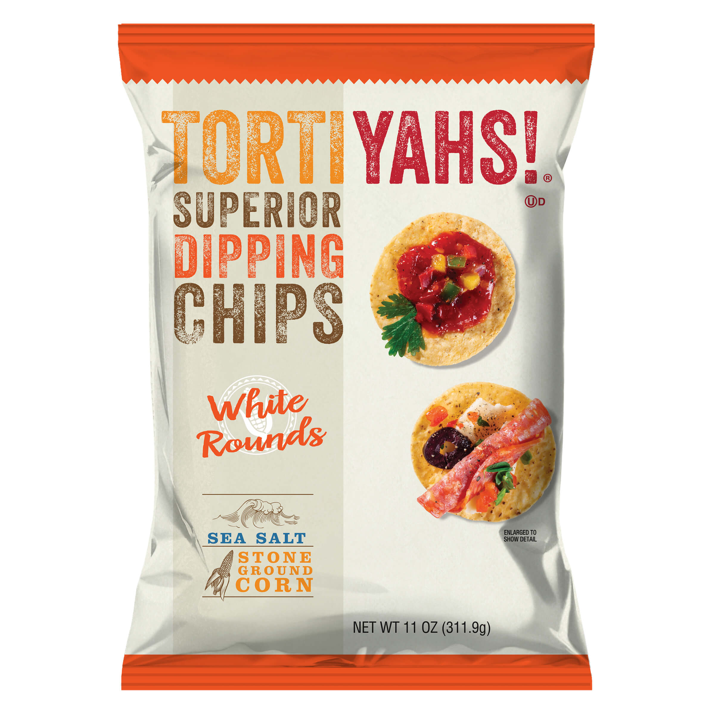 Packaging of Torti Yahs Superior Dipping Chips with images of chips on a white background