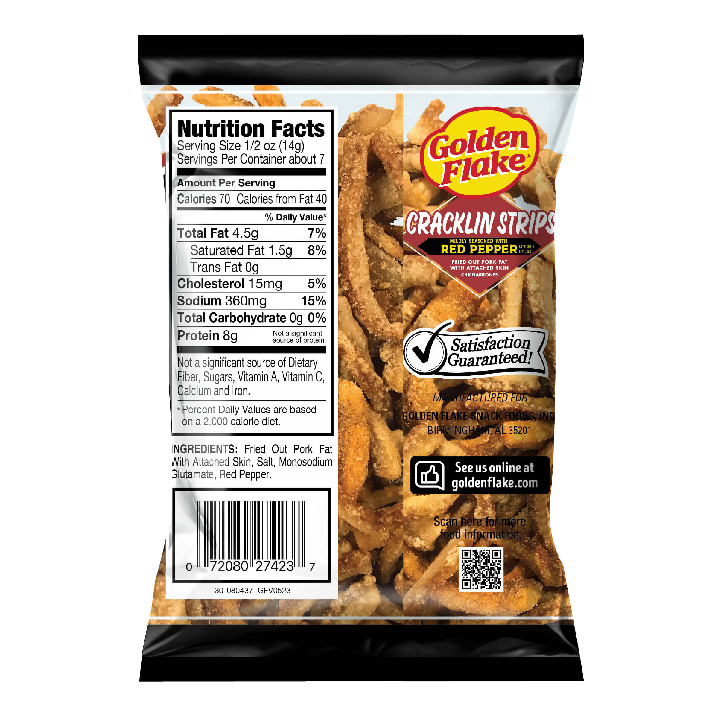 Bag of Golden Flake Cracklin Strips with nutrition facts label on a white background