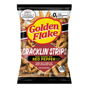 Bag of Golden Flake Cracklin Strips with red pepper flavor on a white background