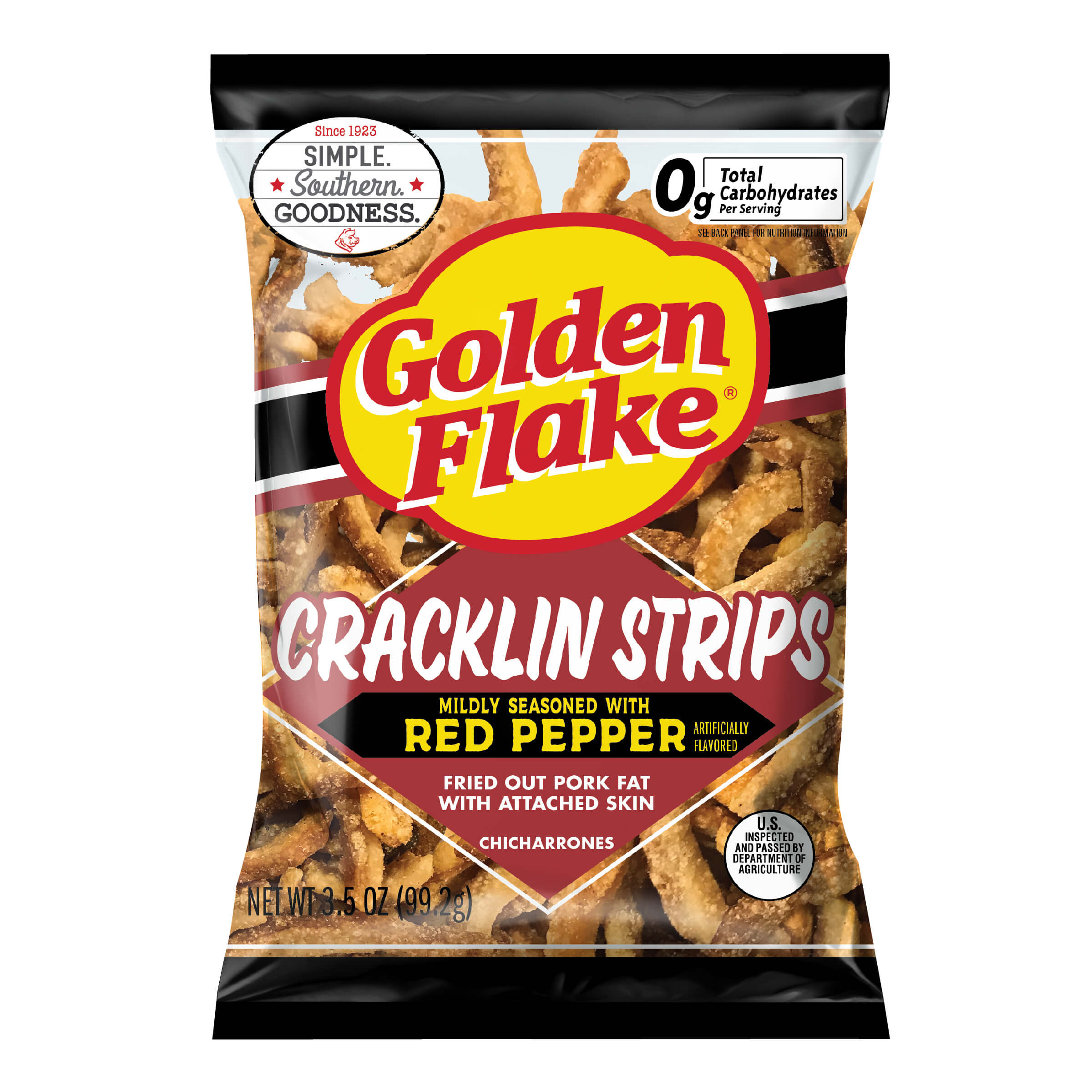 Bag of Golden Flake Cracklin Strips with red pepper flavor on a white background
