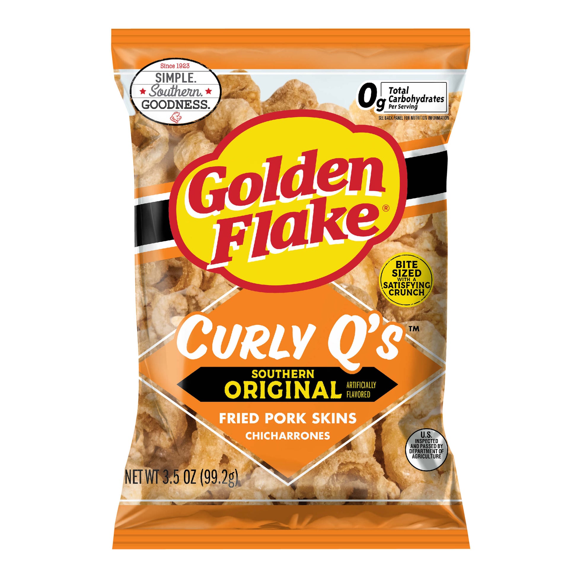 Packaging of Golden Flake Curly Q's fried pork skins on a white background