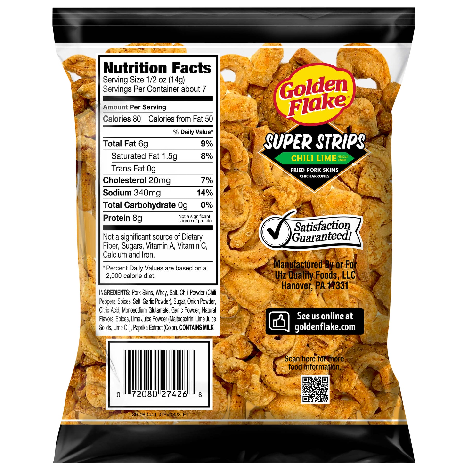 Packaging of Golden Flake Super Strips with nutrition facts and branding details.