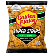 Packaging of Golden Flake Super Strips Chili Lime fried pork skins on a white background