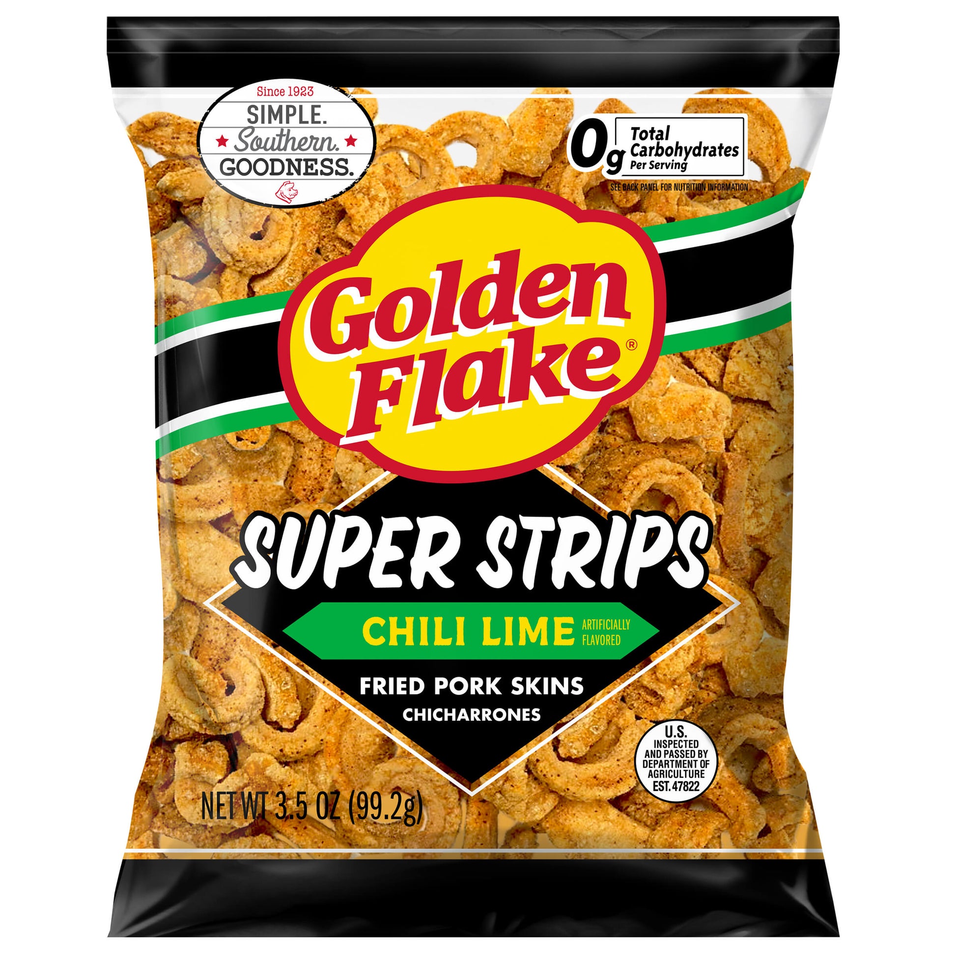 Packaging of Golden Flake Super Strips Chili Lime fried pork skins on a white background