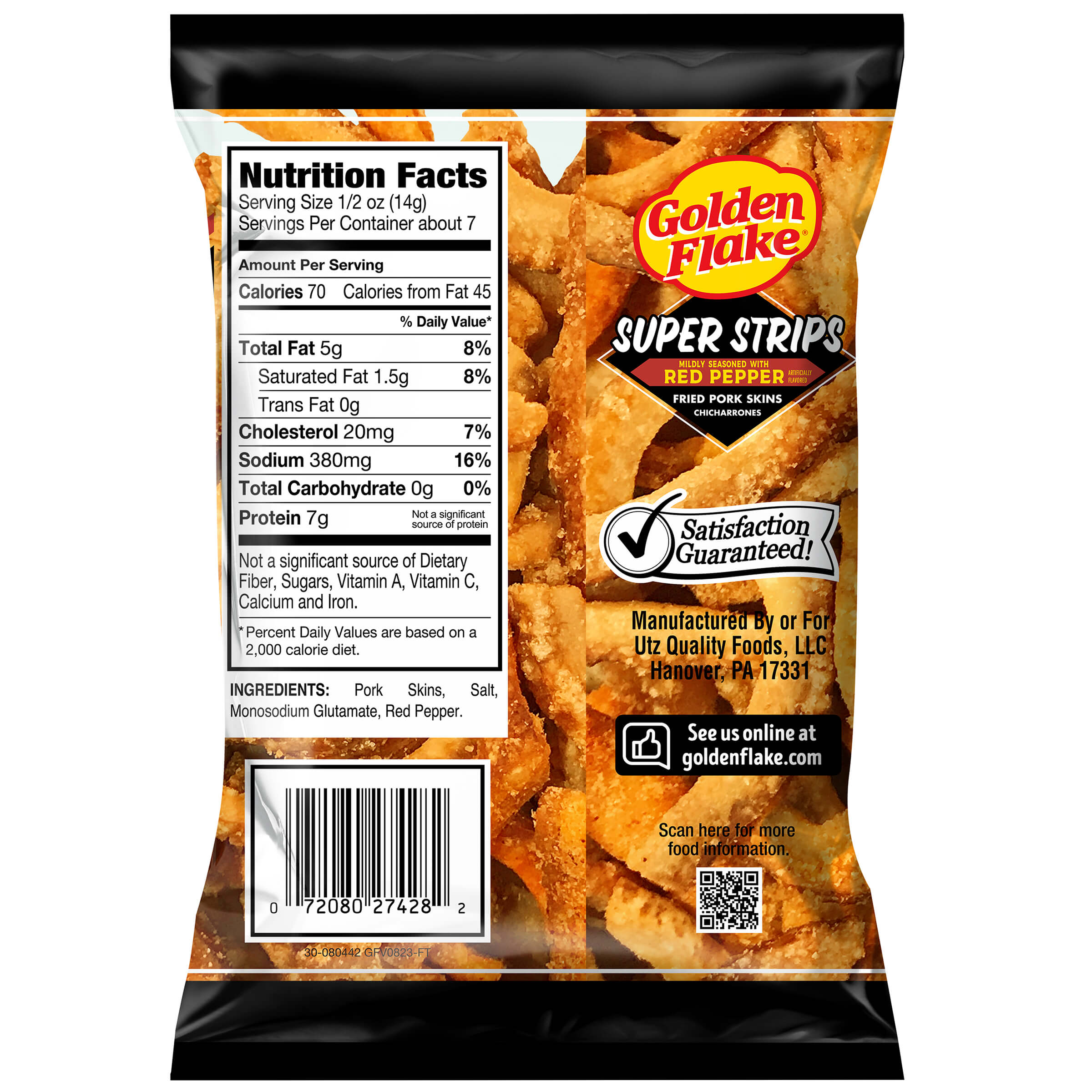 Packaging of Golden Flake Super Strips with nutrition facts and branding details.