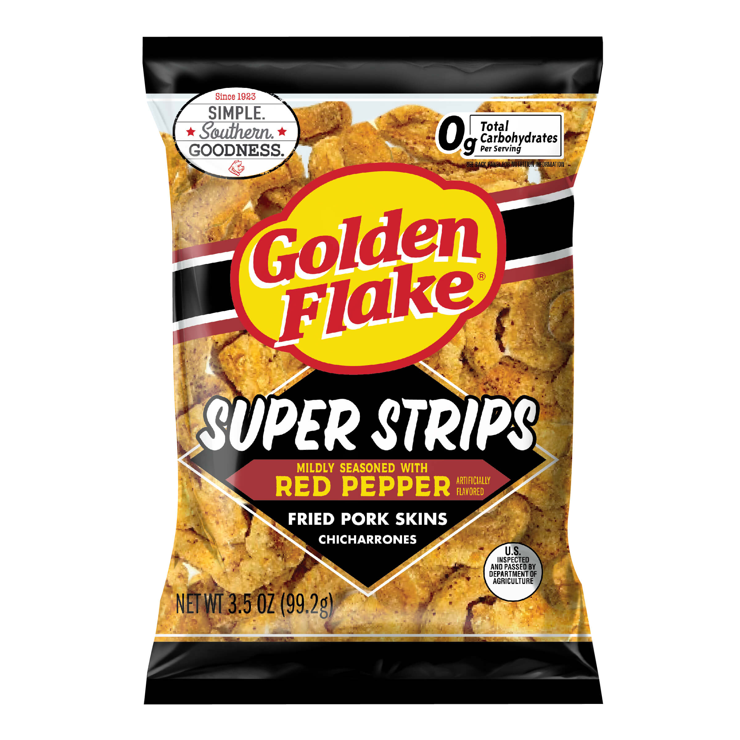 Bag of Golden Flake Super Strips fried pork skins on a white background