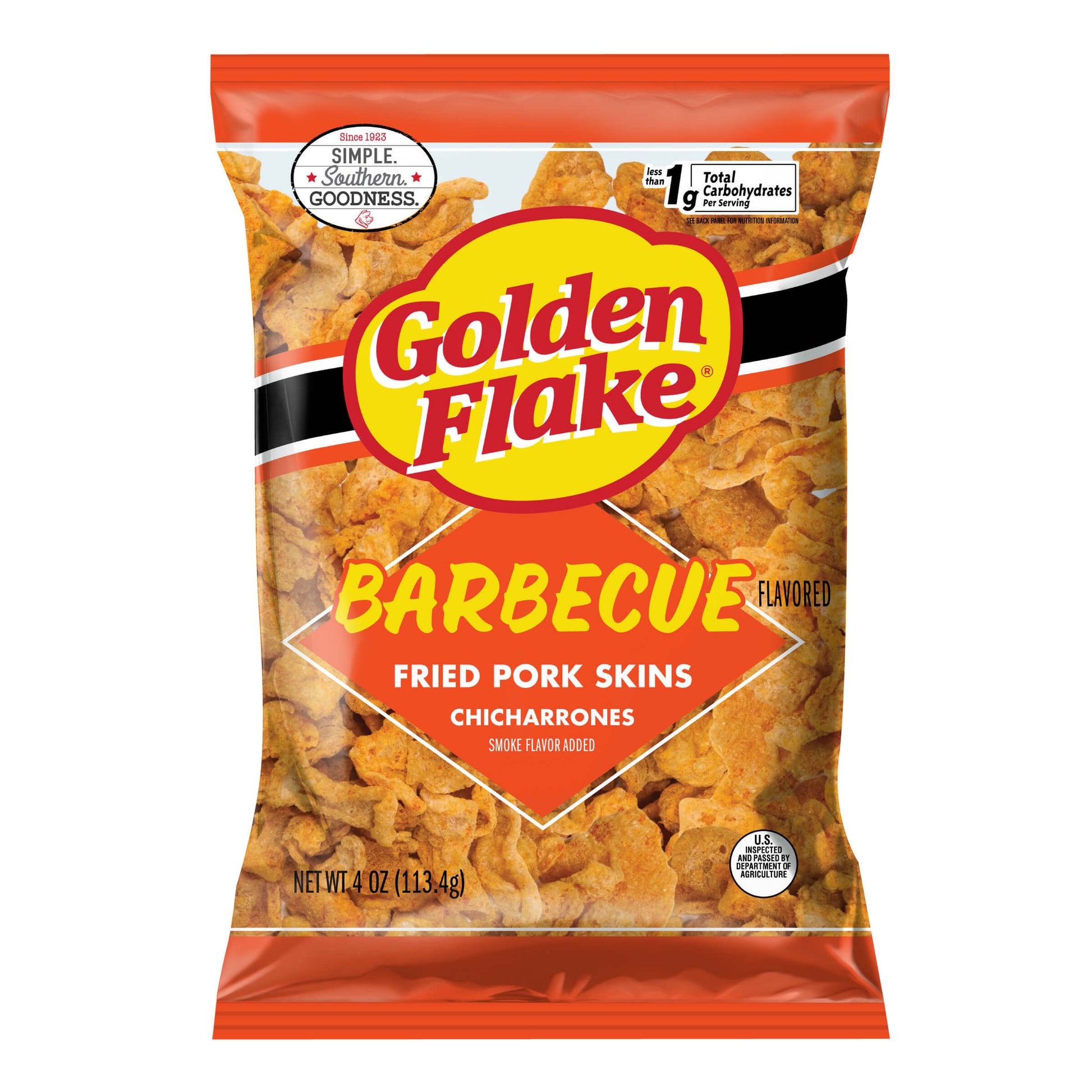 Packaged snack of Golden Flake Barbecue Fried Pork Skins on a white background
