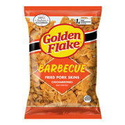 Packaged snack of Golden Flake Barbecue Fried Pork Skins on a white background
