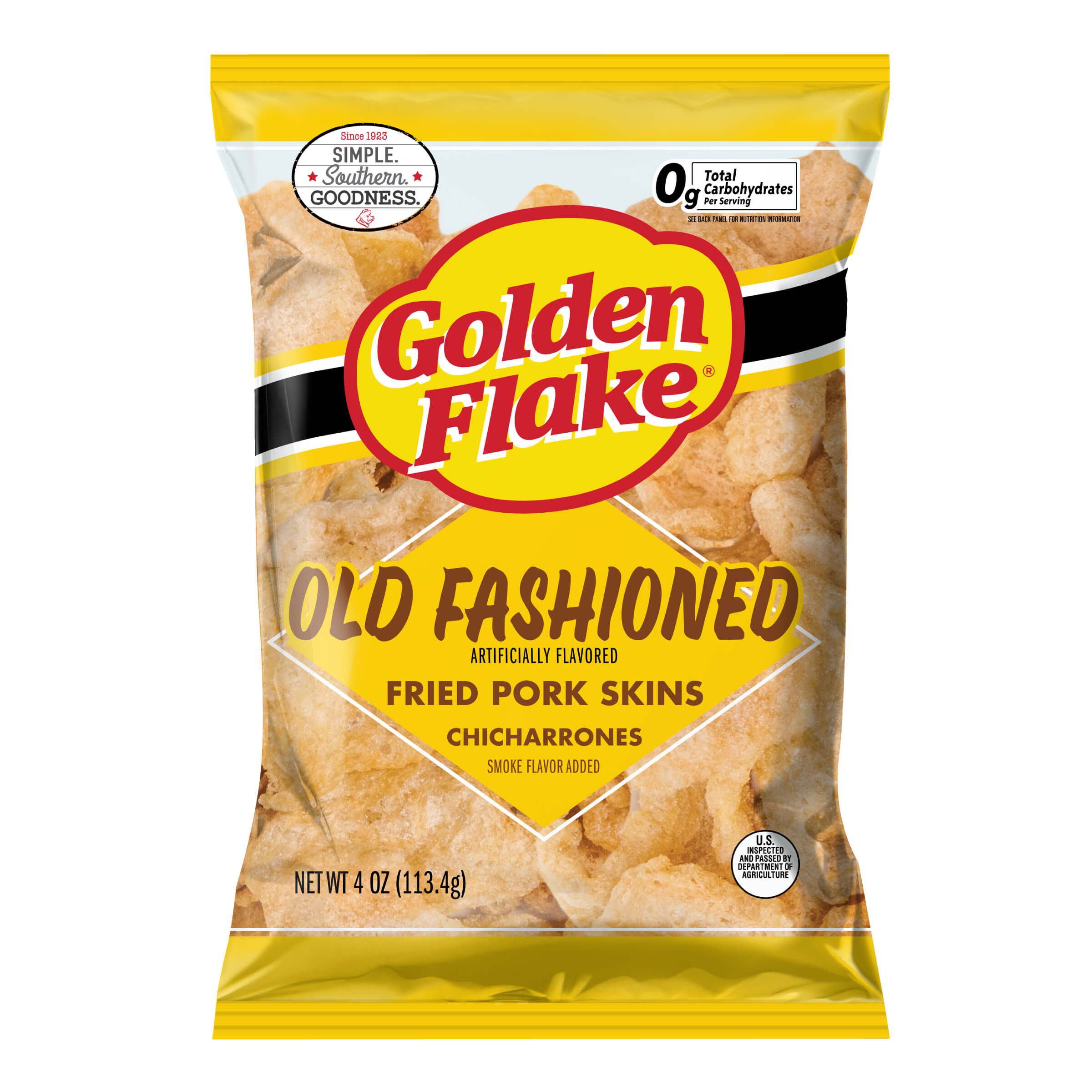 Bag of Golden Flake Old Fashioned Fried Pork Skins on a white background